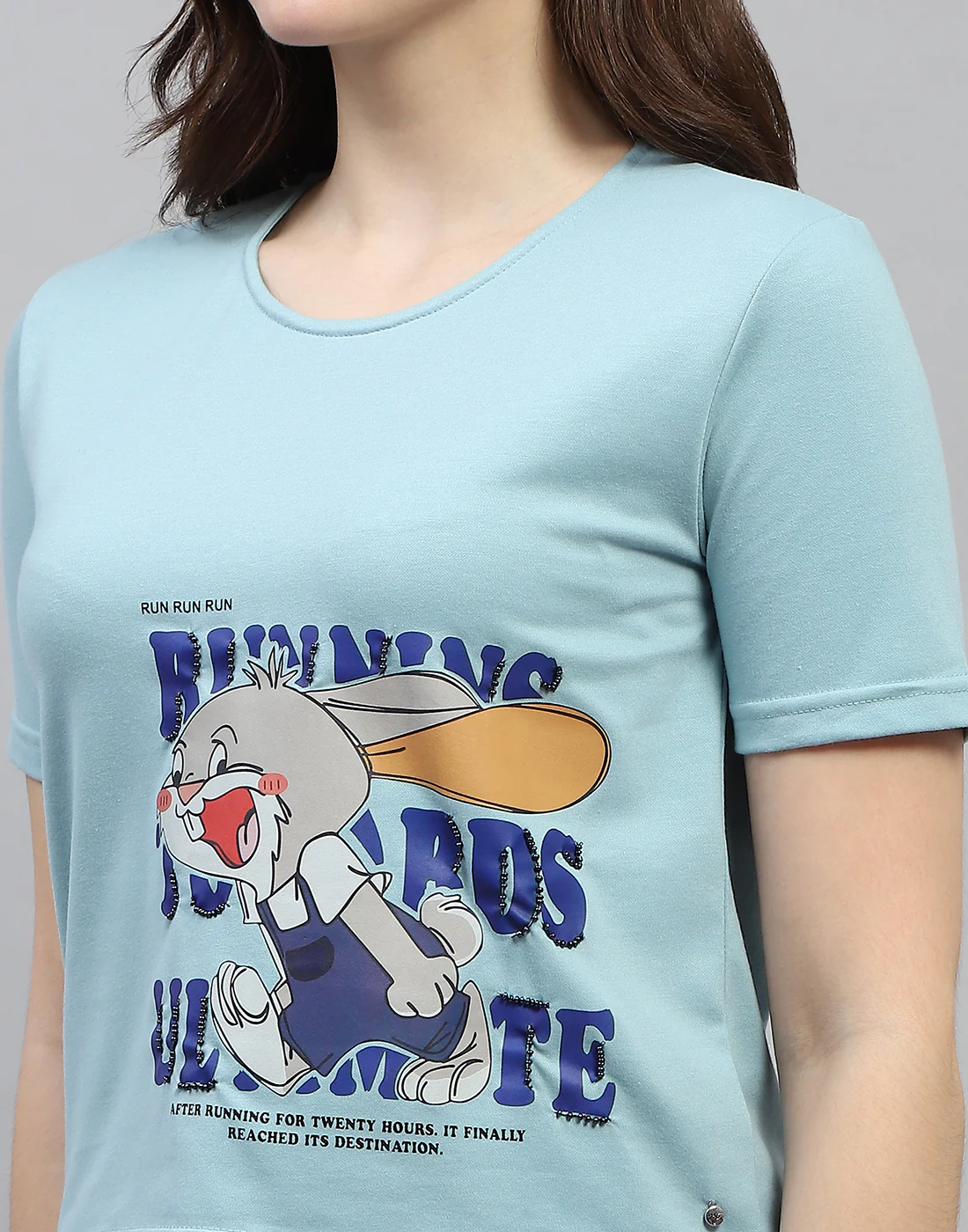 Women Sky Blue Printed Round Neck Half Sleeve Top - Image 6