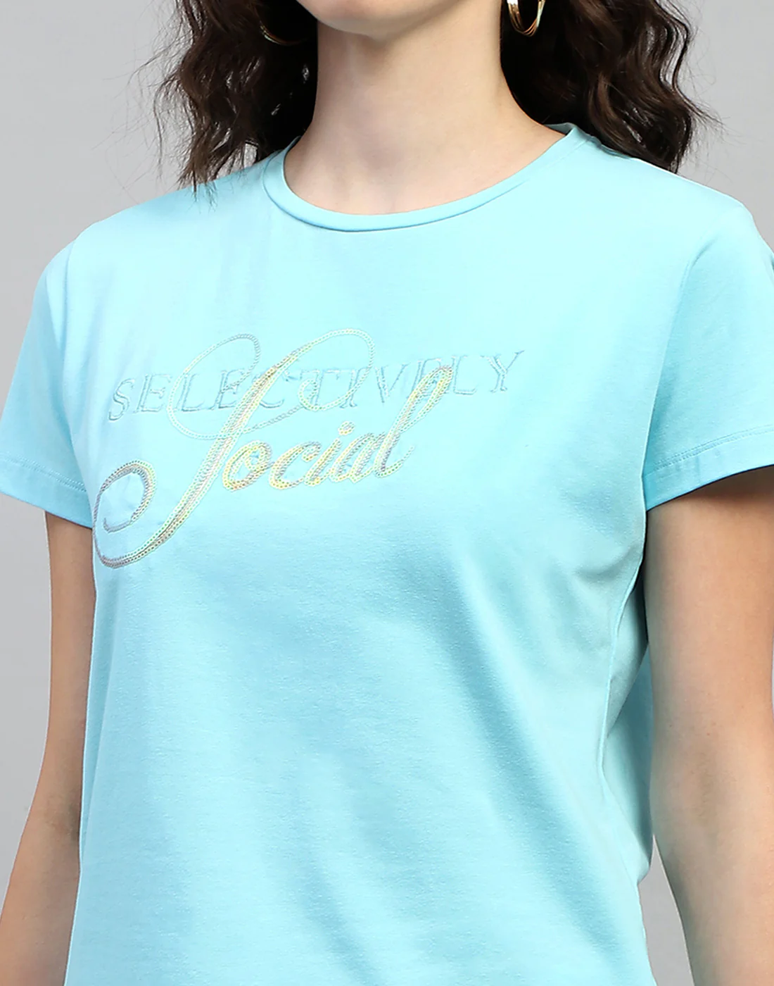 Women Sky Blue Printed Round Neck Half Sleeve Top - Image 6