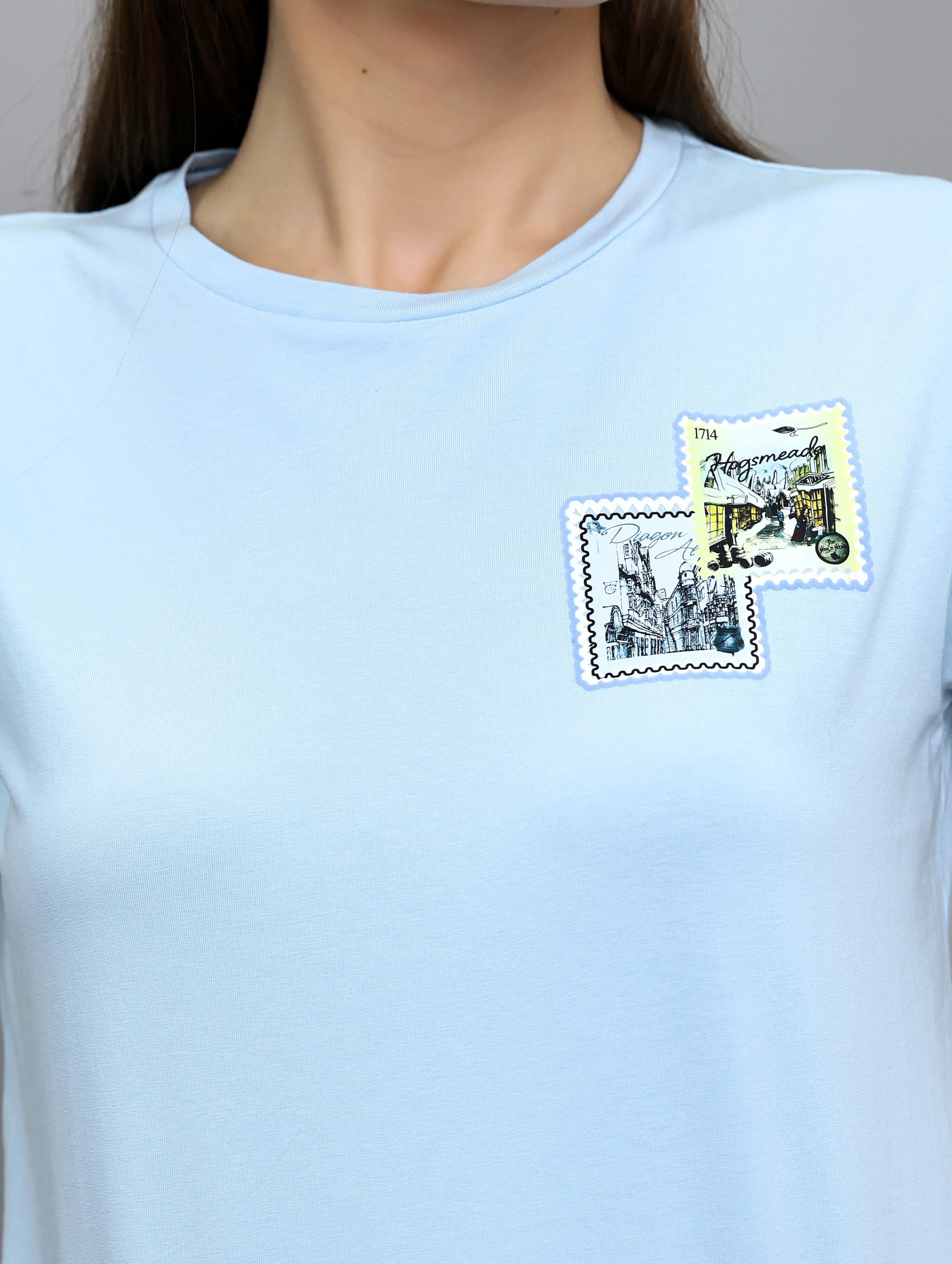 Women Sky Blue Printed Round Neck Half Sleeve Top - Image 4