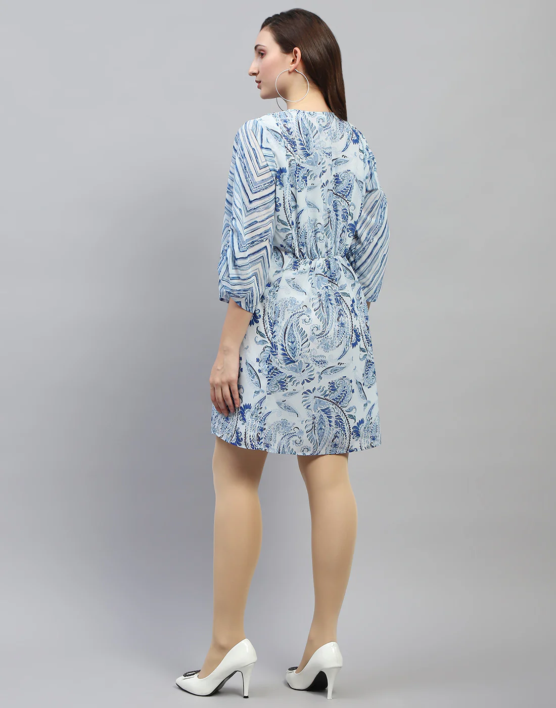 Women Sky Blue Printed V Neck 3/4 Sleeve Dress - Image 5