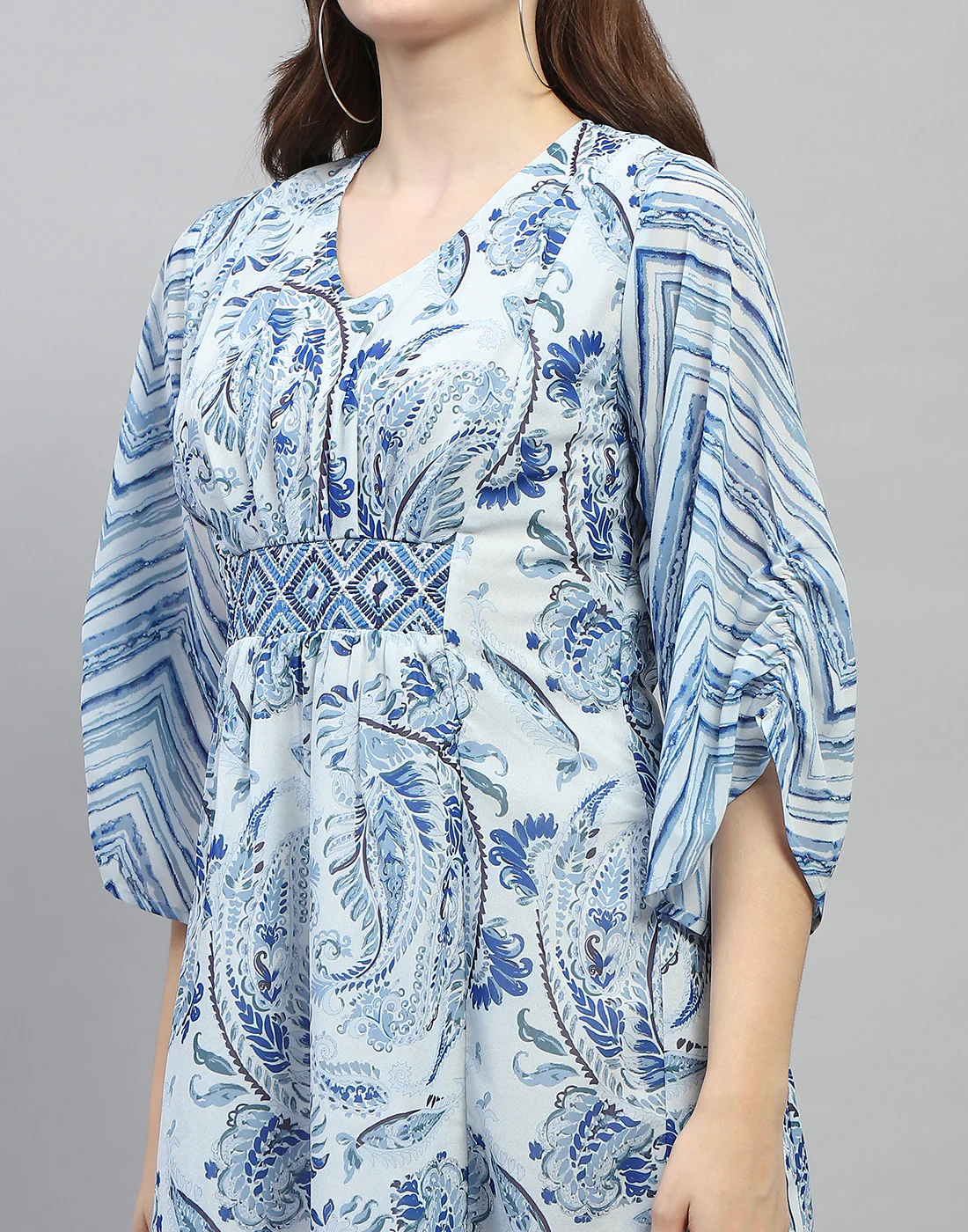 Women Sky Blue Printed V Neck 3/4 Sleeve Dress - Image 6