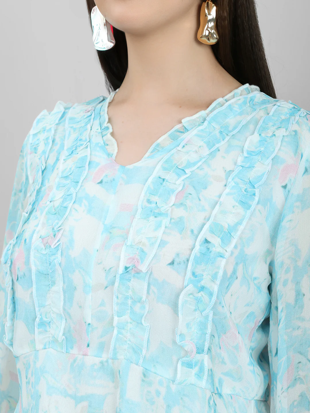 Women Sky Blue Printed V Neck Full Sleeve Top - Image 5