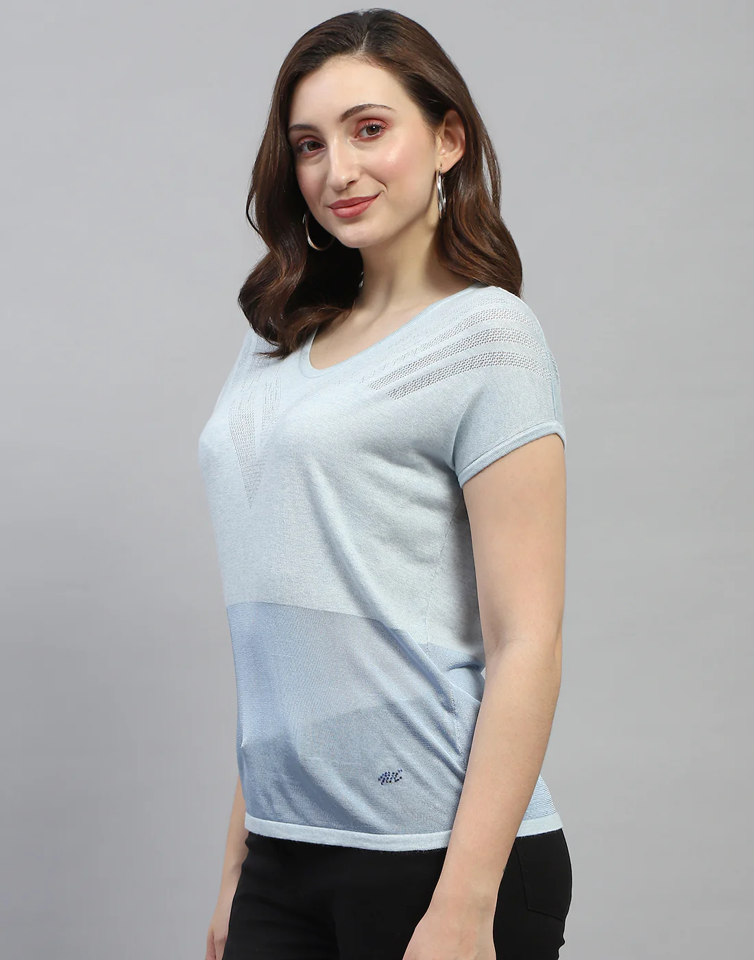 Women Sky Blue Self Design Round Neck Half Sleeve Top - Image 3