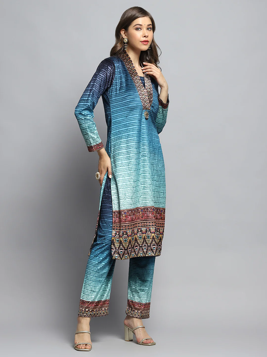 Women Sky Blue Self Design V Neck Full Sleeve Kurti Set with Bag - Image 6