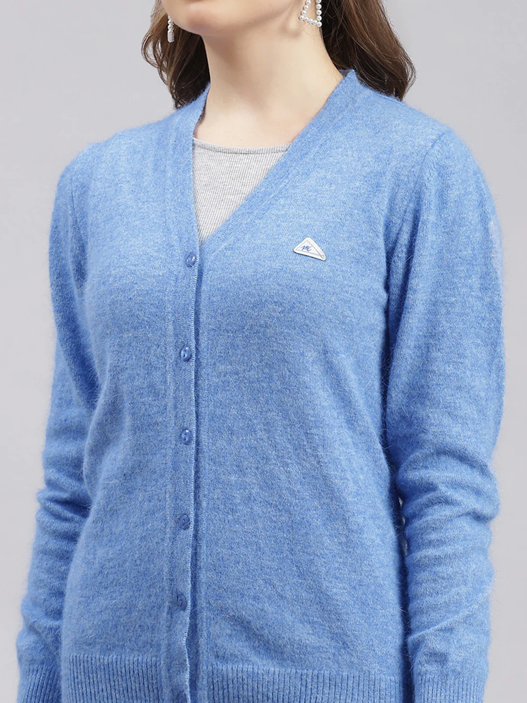 Women Sky Blue Solid Angoora Cardigan - Image 6
