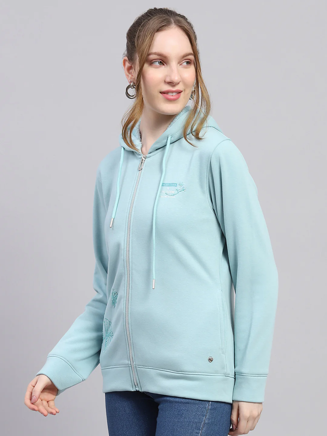 Women Sky Blue Solid Hooded Full Sleeve Sweatshirt - Image 3