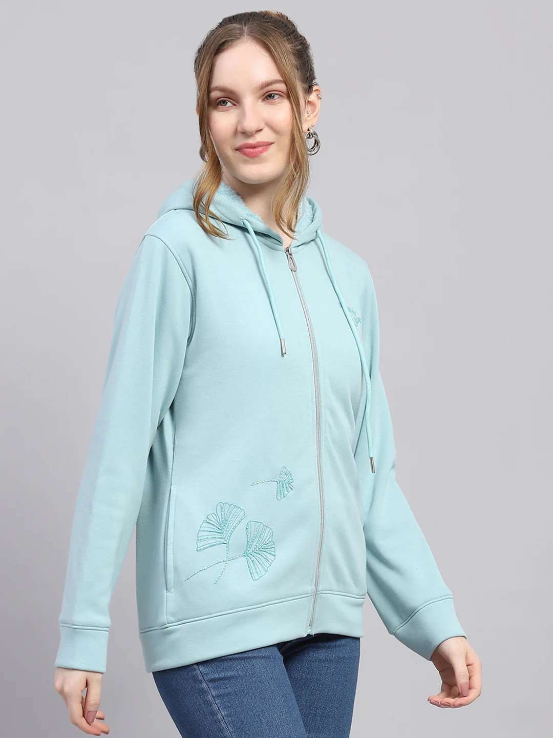 Women Sky Blue Solid Hooded Full Sleeve Sweatshirt - Image 4