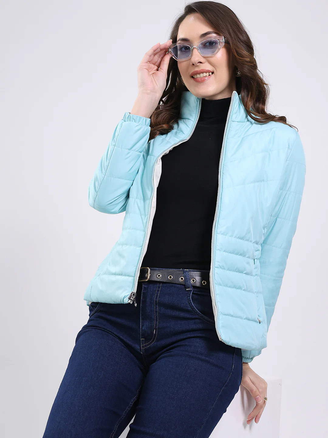 Women Sky Blue Solid Mock Neck Full Sleeve Jacket - Image 2