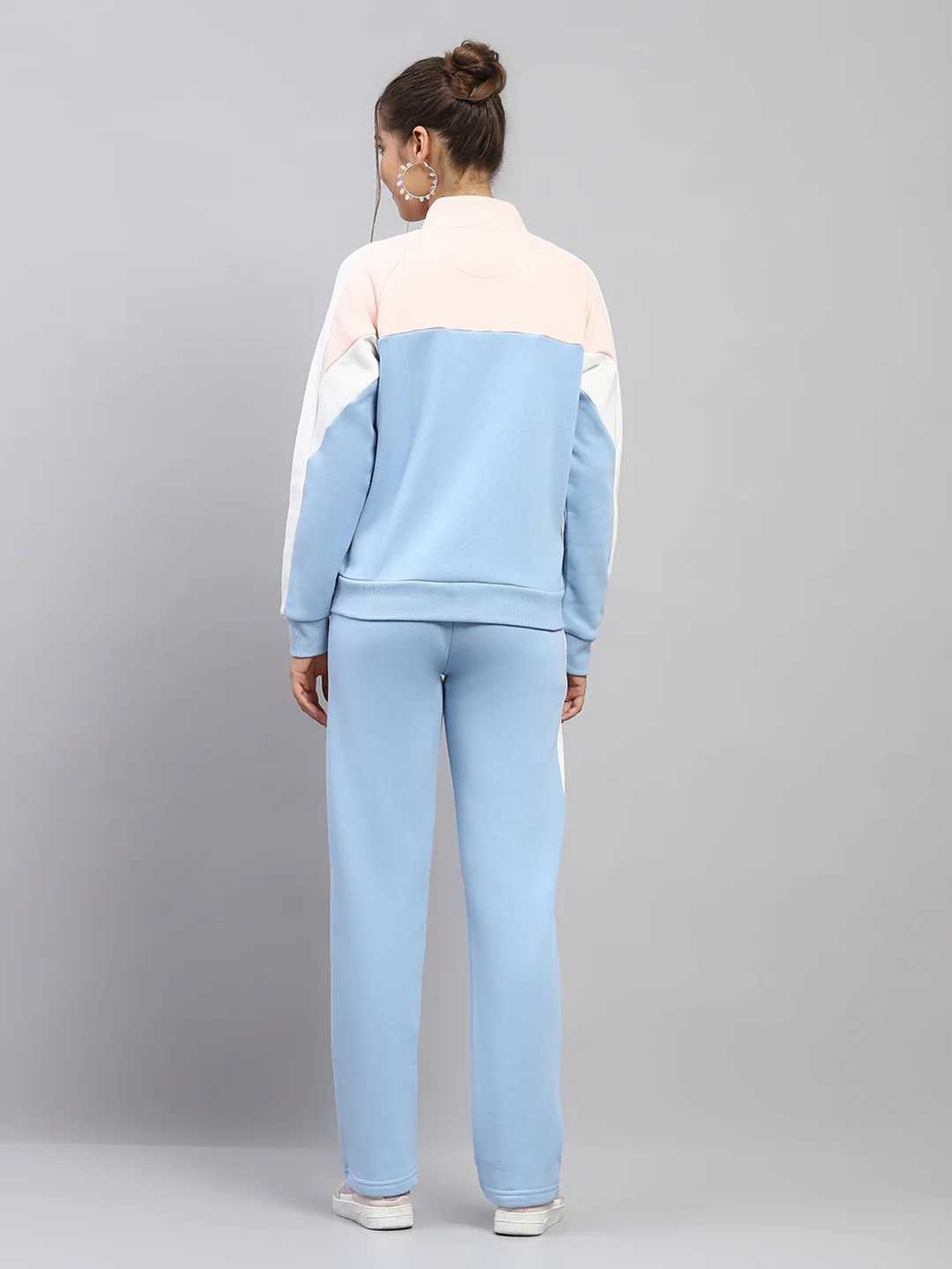 Women Sky Blue Solid Mock Neck Full Sleeve Tracksuit - Image 5