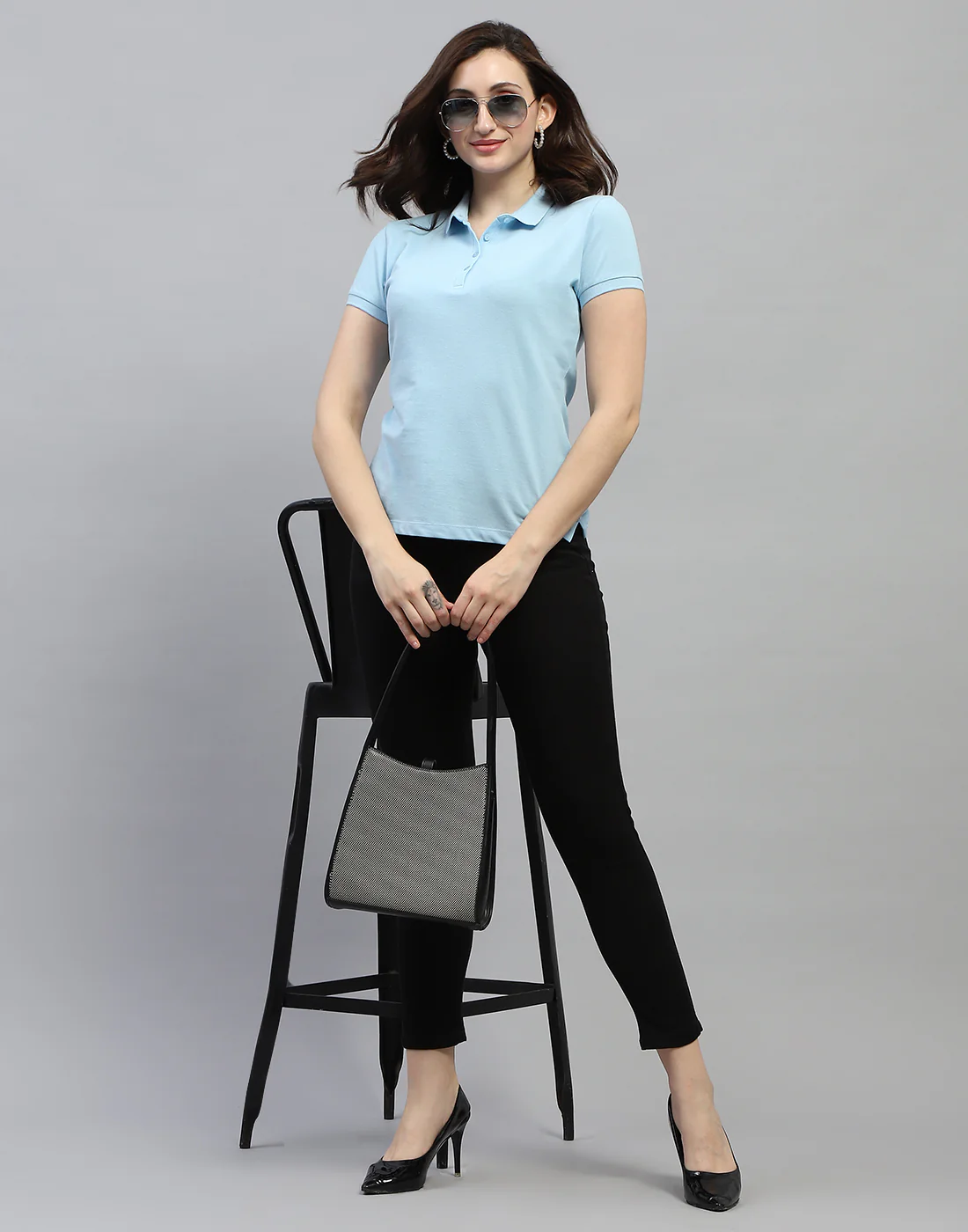 Women Sky Blue Solid Polo Collar Half Sleeve T Shirt - Image 2