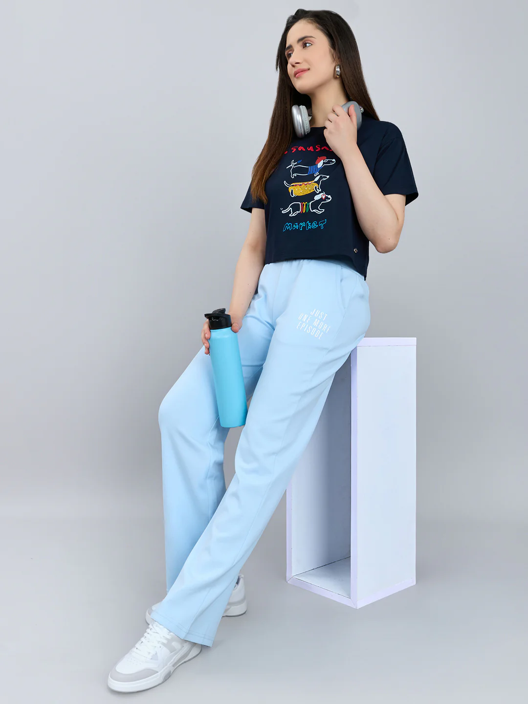 Women Sky Blue Solid Regular Fit Lower - Image 6