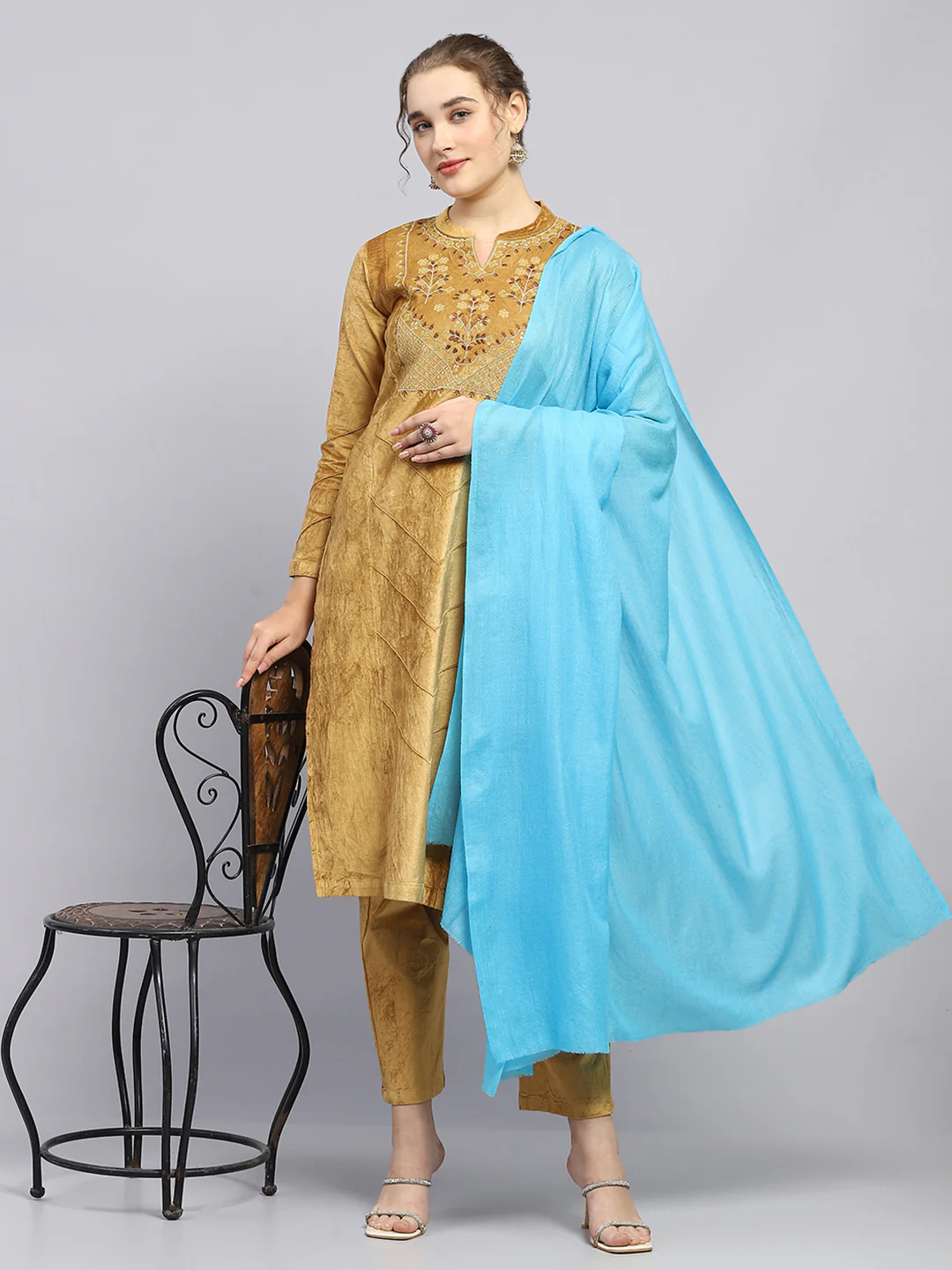 Women Sky Blue Solid Shawl - Image 2