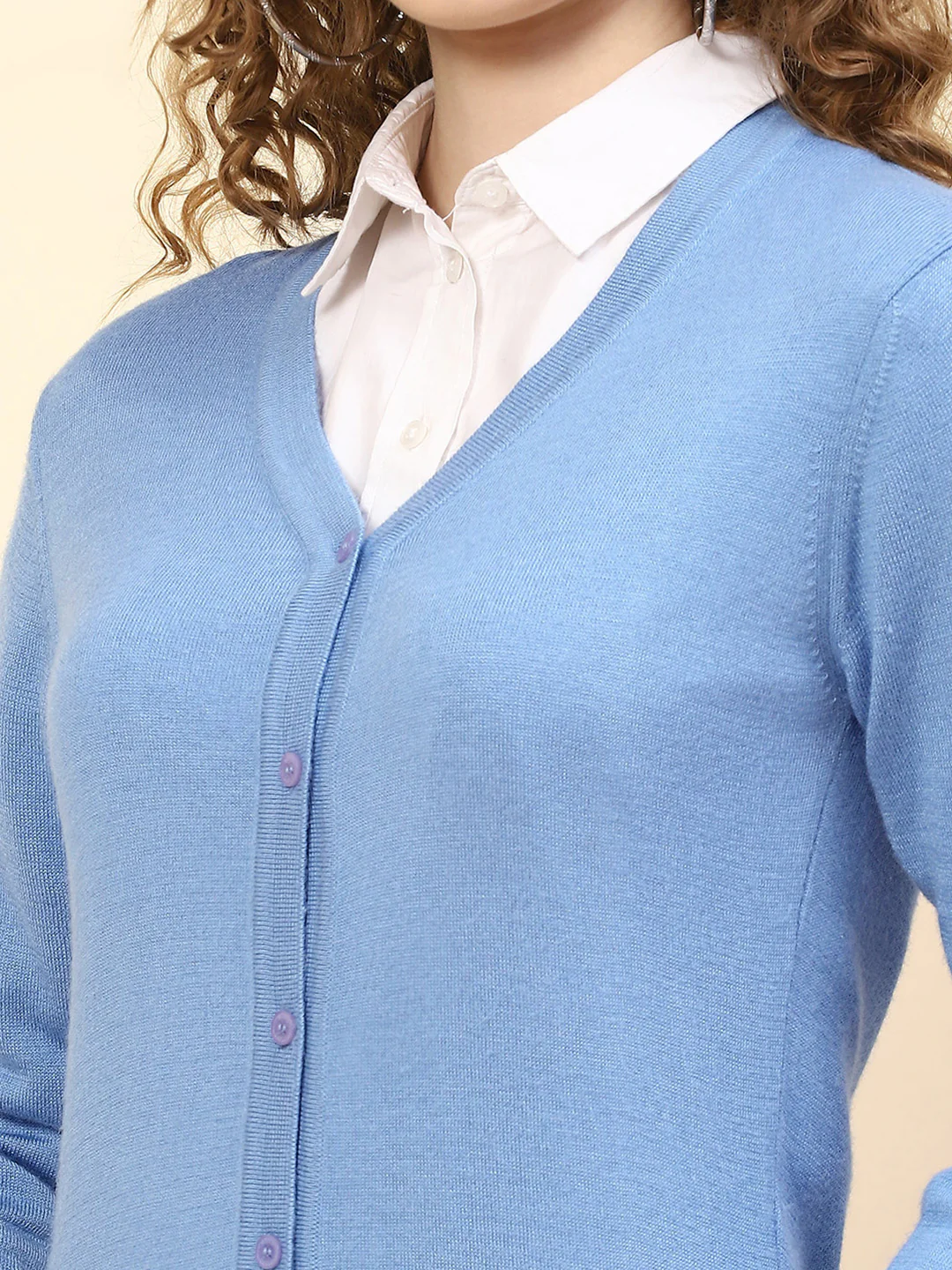 Women Sky Blue Solid V Neck Full Sleeve Cardigan - Image 6
