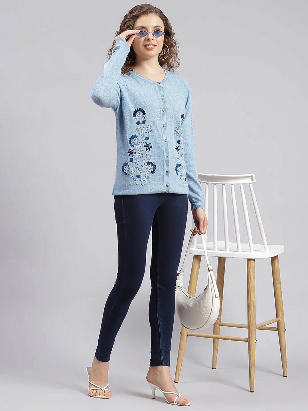 Women Sky Blue Solid Wool blend Cardigan - Image 2