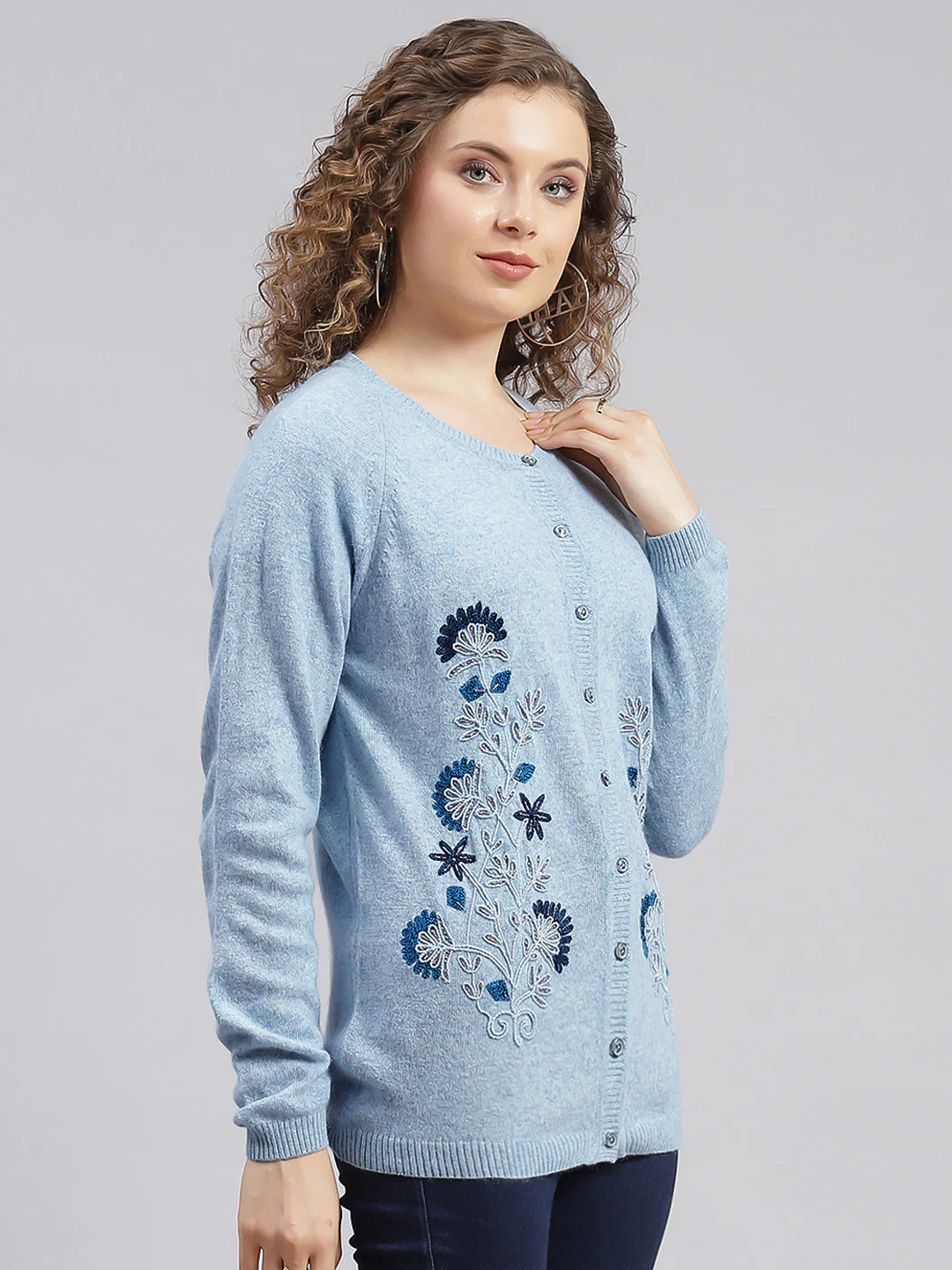 Women Sky Blue Solid Wool blend Cardigan - Image 3