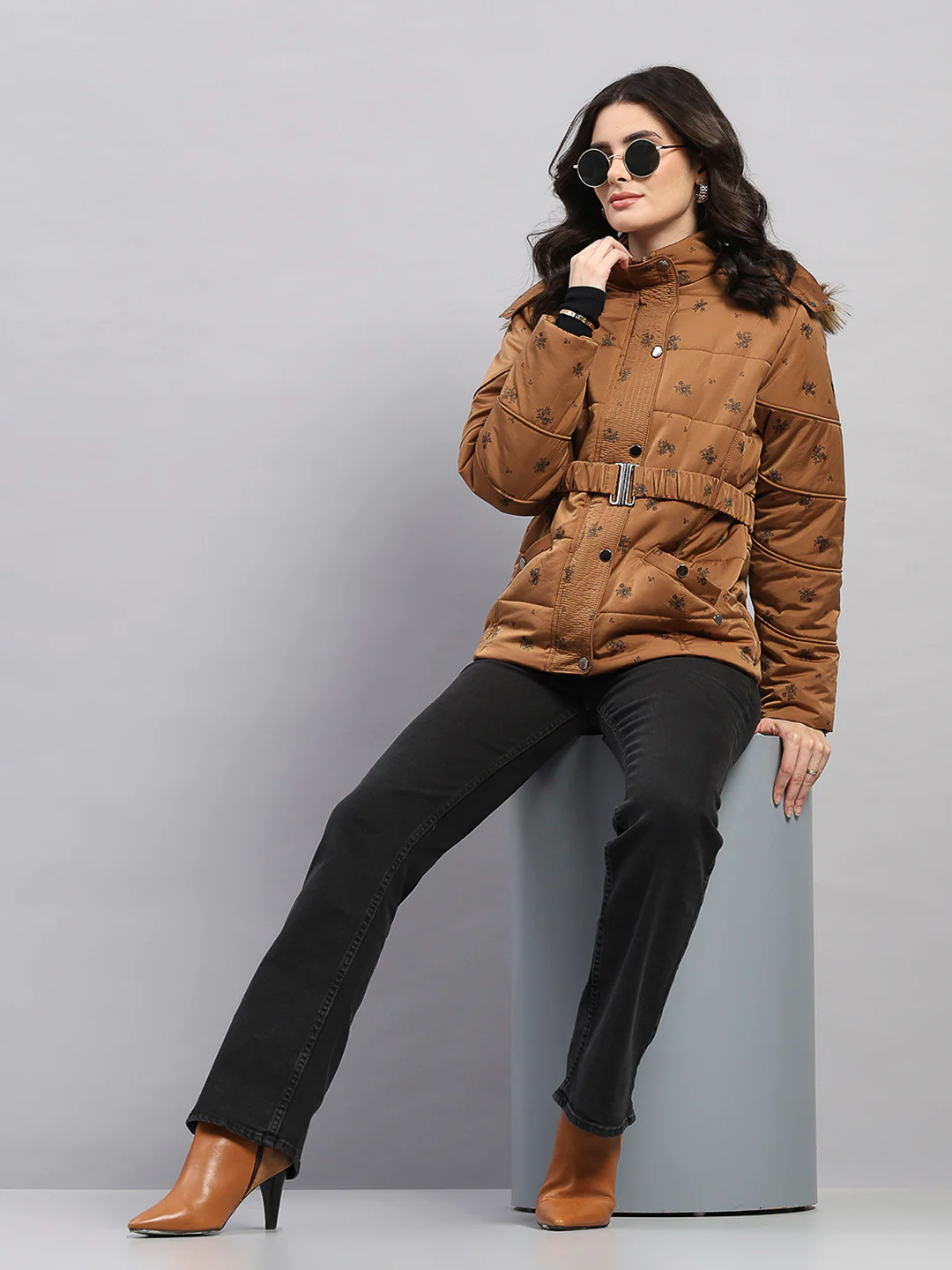Women Tan Printed Hooded Full Sleeve Jacket - Image 2