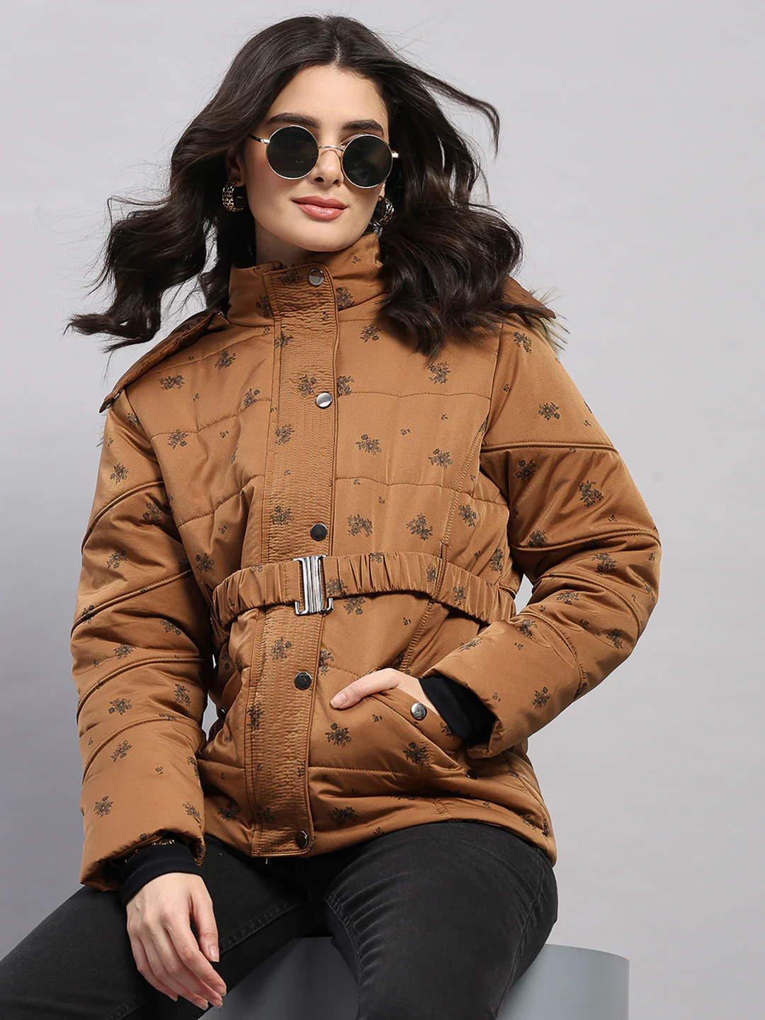 Women Tan Printed Hooded Full Sleeve Jacket - Image 6