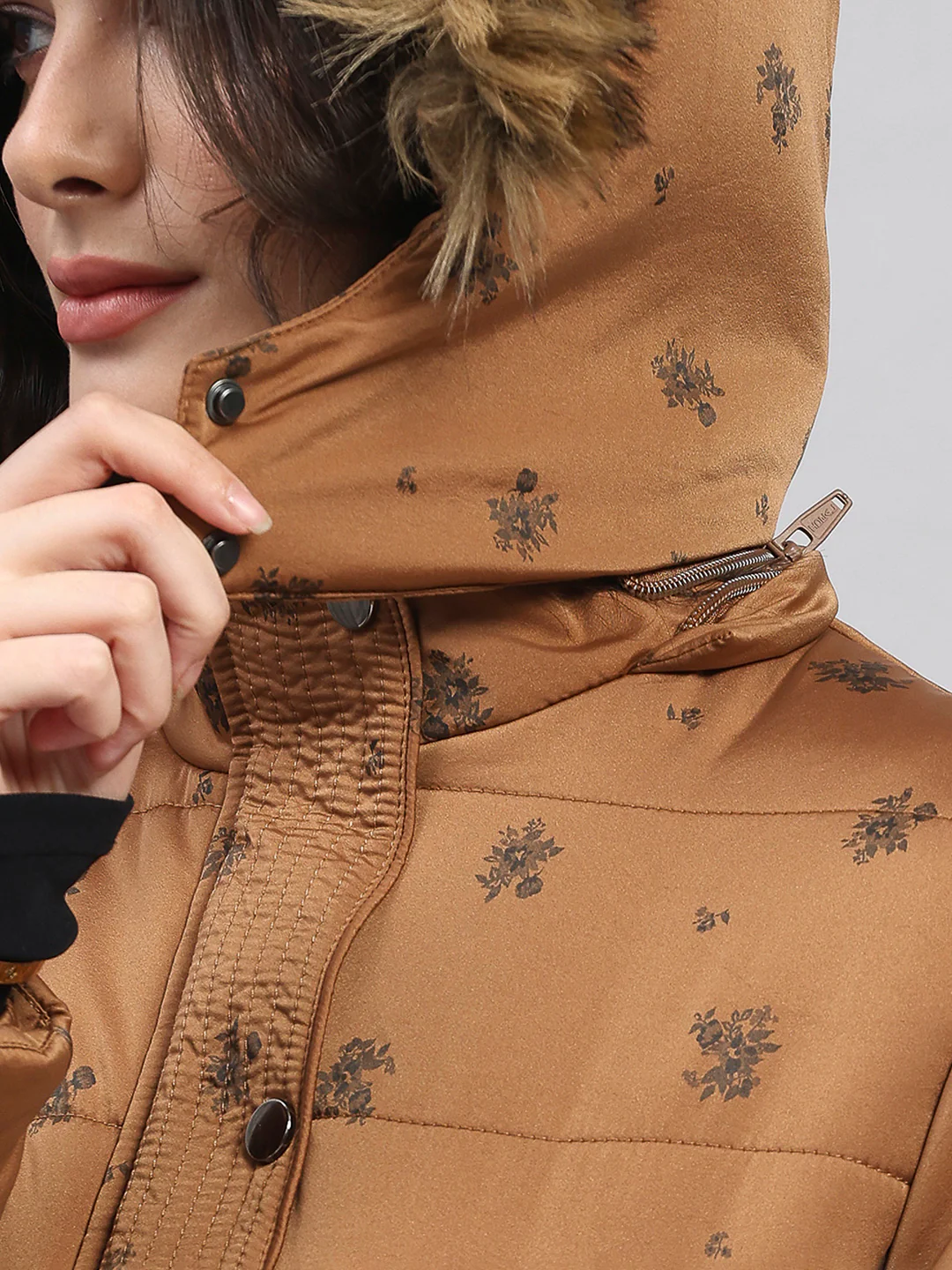 Women Tan Printed Hooded Full Sleeve Jacket - Image 8