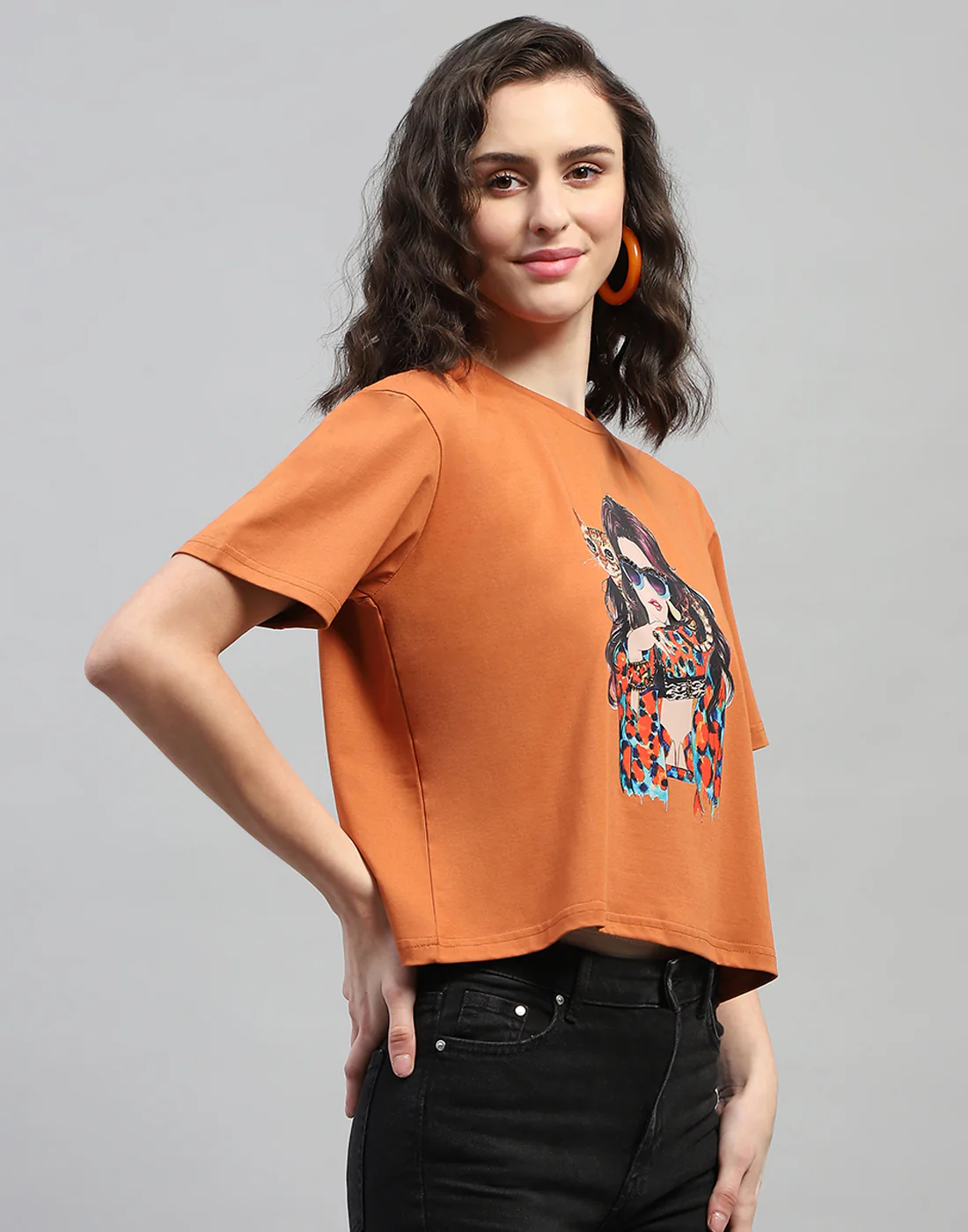 Women Tan Printed Round Neck Half Sleeve Top - Image 5