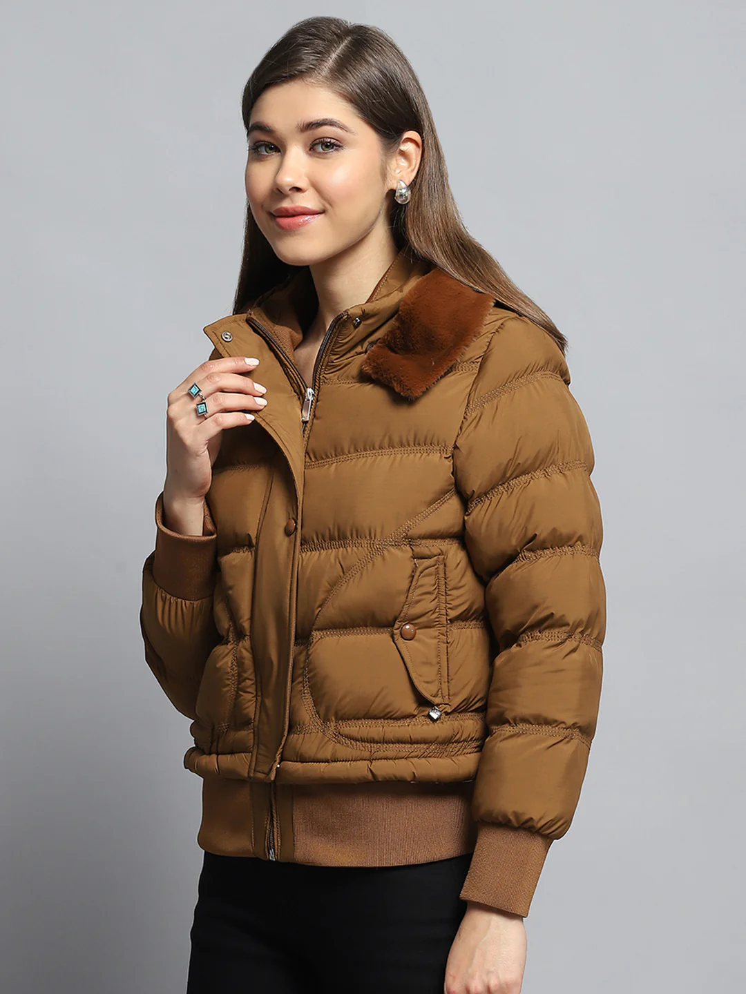 Women Tan Self Design Collar Full Sleeve Jacket - Image 3