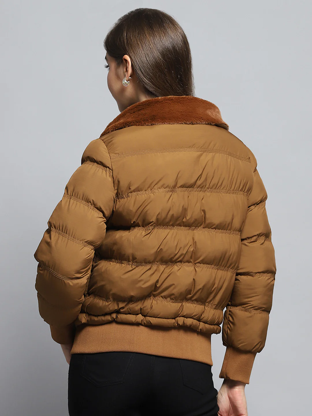 Women Tan Self Design Collar Full Sleeve Jacket - Image 5