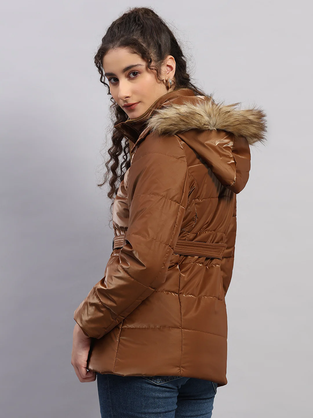 Women Tan Self Design Hooded Full Sleeve Jacket - Image 5