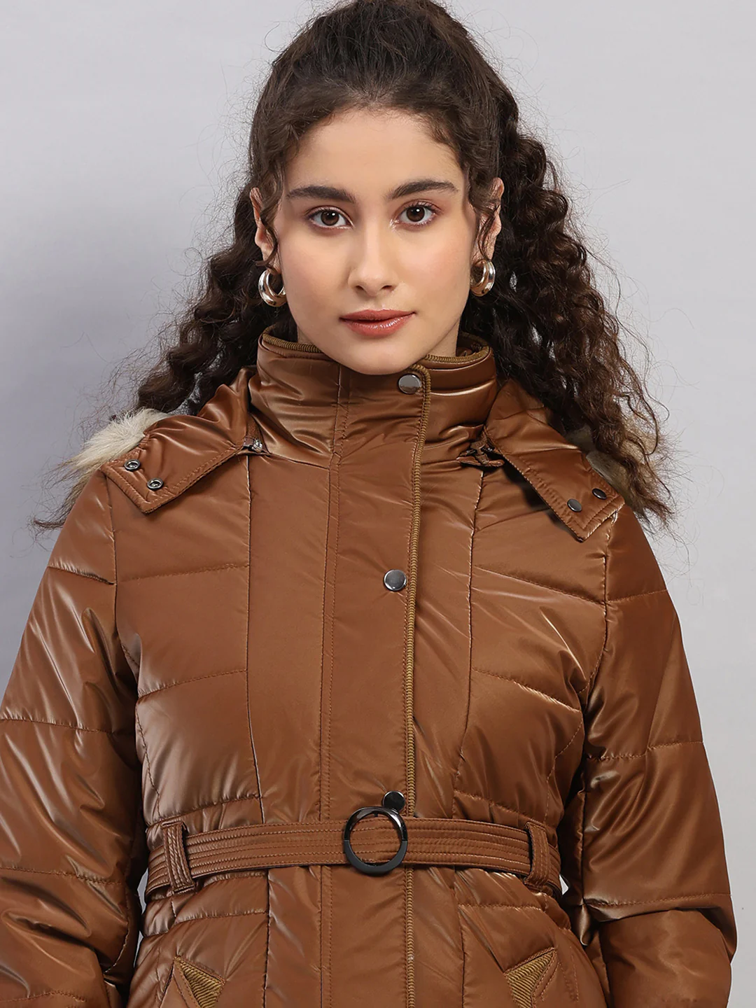Women Tan Self Design Hooded Full Sleeve Jacket - Image 6