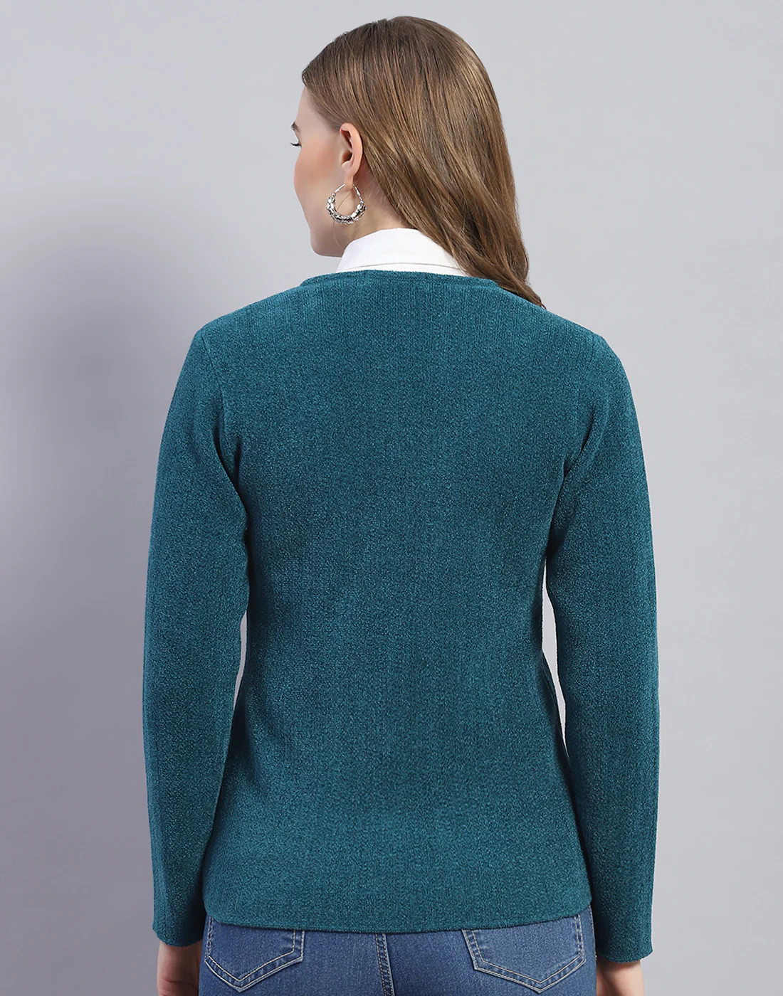 Women Teal Blue Embellished V Neck Full Sleeve Cardigan - Image 5