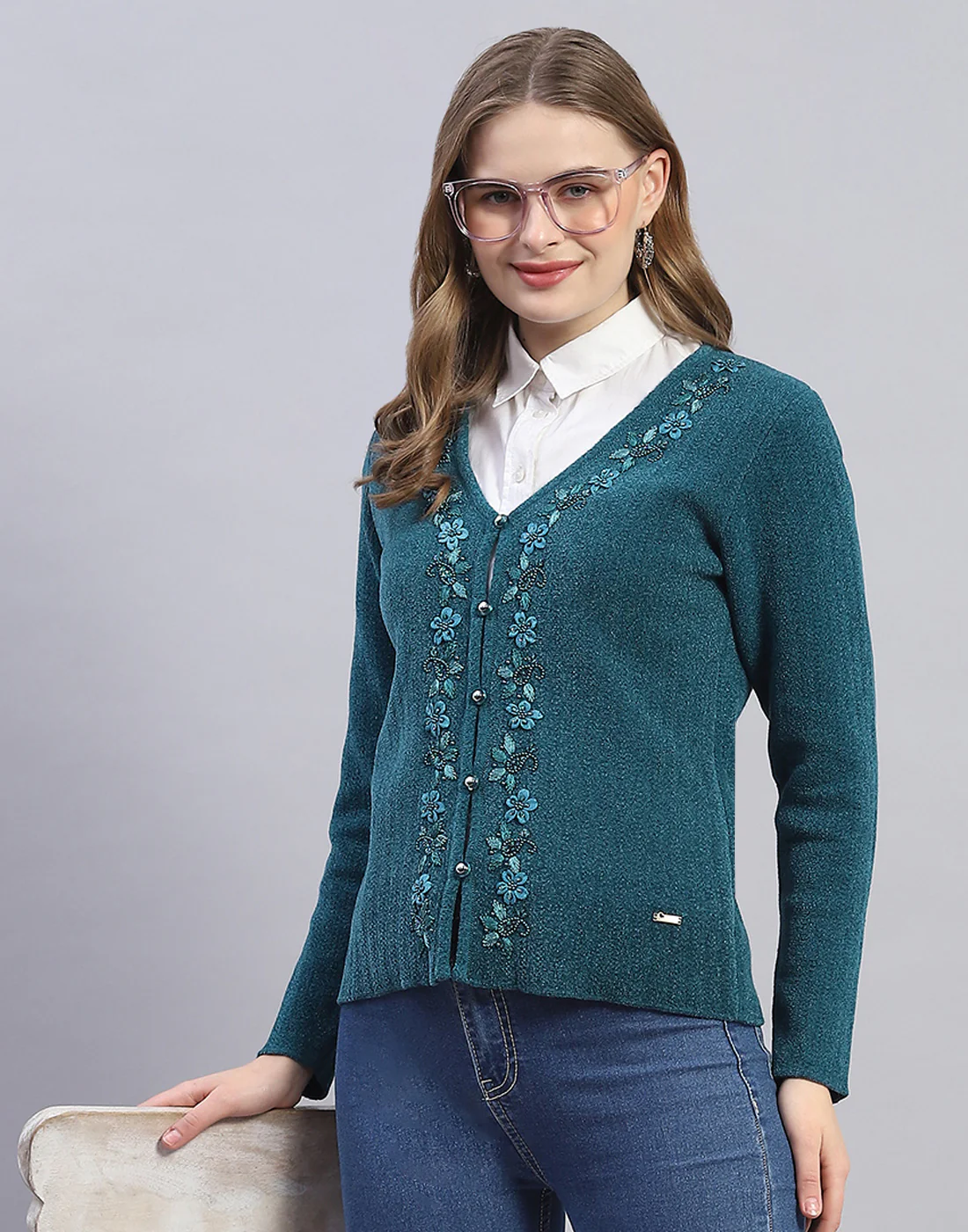 Women Teal Blue Embellished V Neck Full Sleeve Cardigan - Image 6
