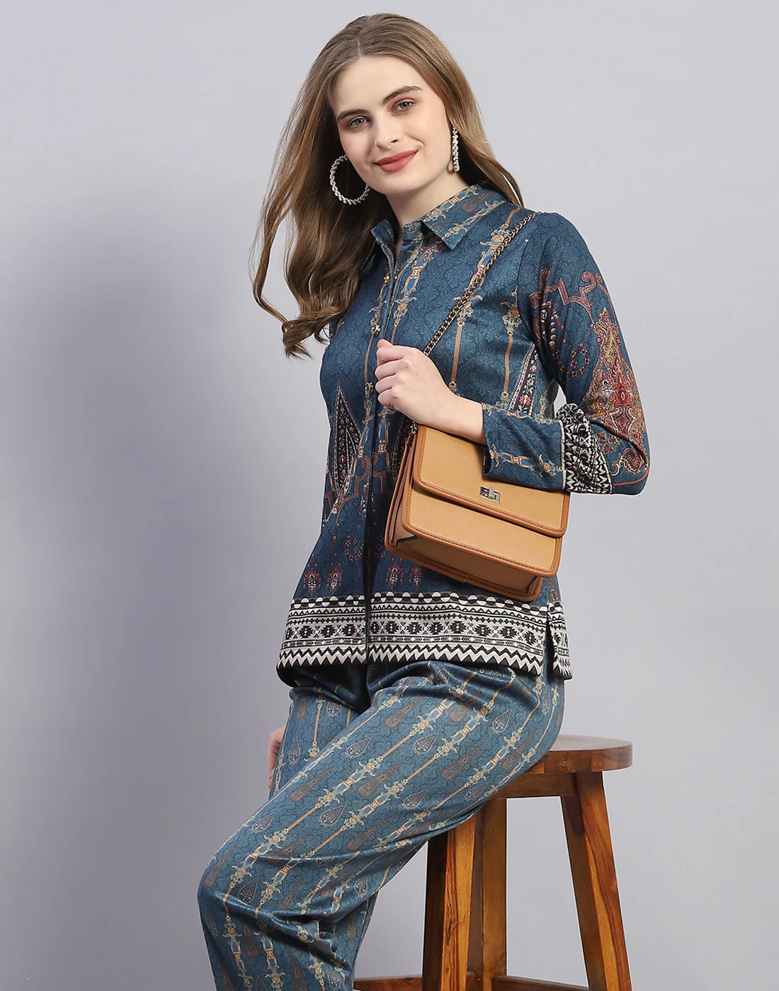 Women Teal Blue Embroidered Collar Full Sleeve Cords Set - Image 6