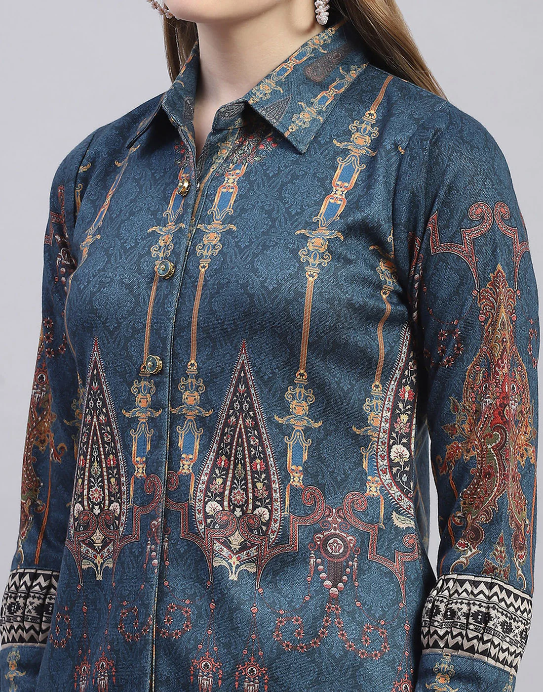 Women Teal Blue Embroidered Collar Full Sleeve Cords Set - Image 7