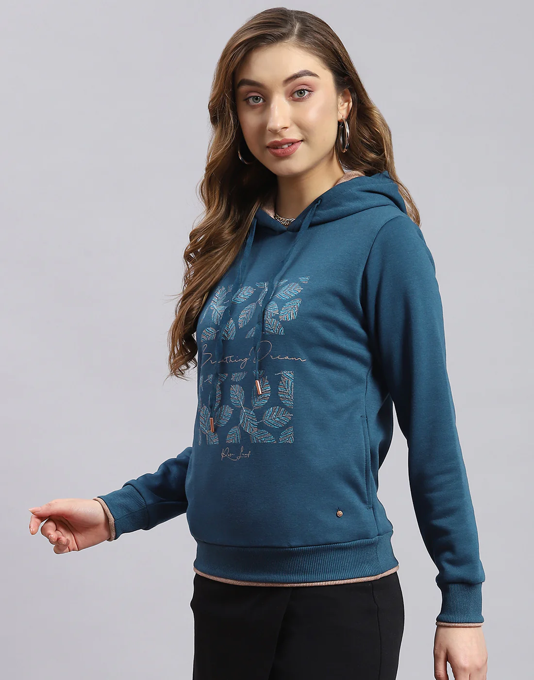 Women Teal Blue Embroidered Hooded Full Sleeve Sweatshirt - Image 3