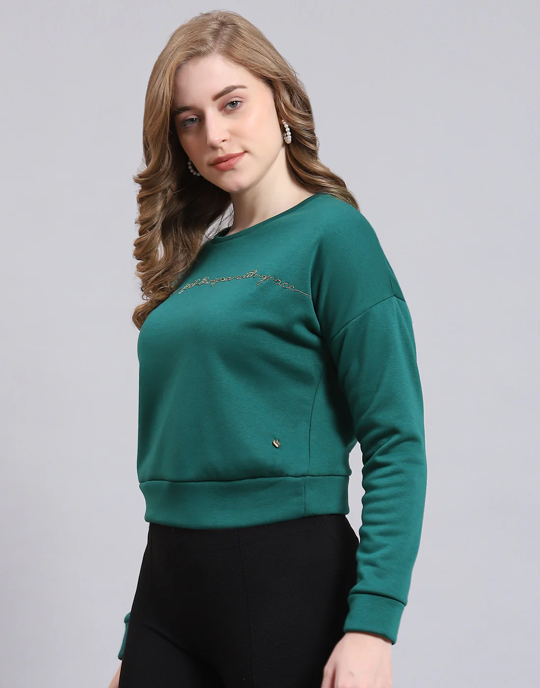 Women Teal Blue Embroidered Round Neck Full Sleeve Sweatshirt - Image 3