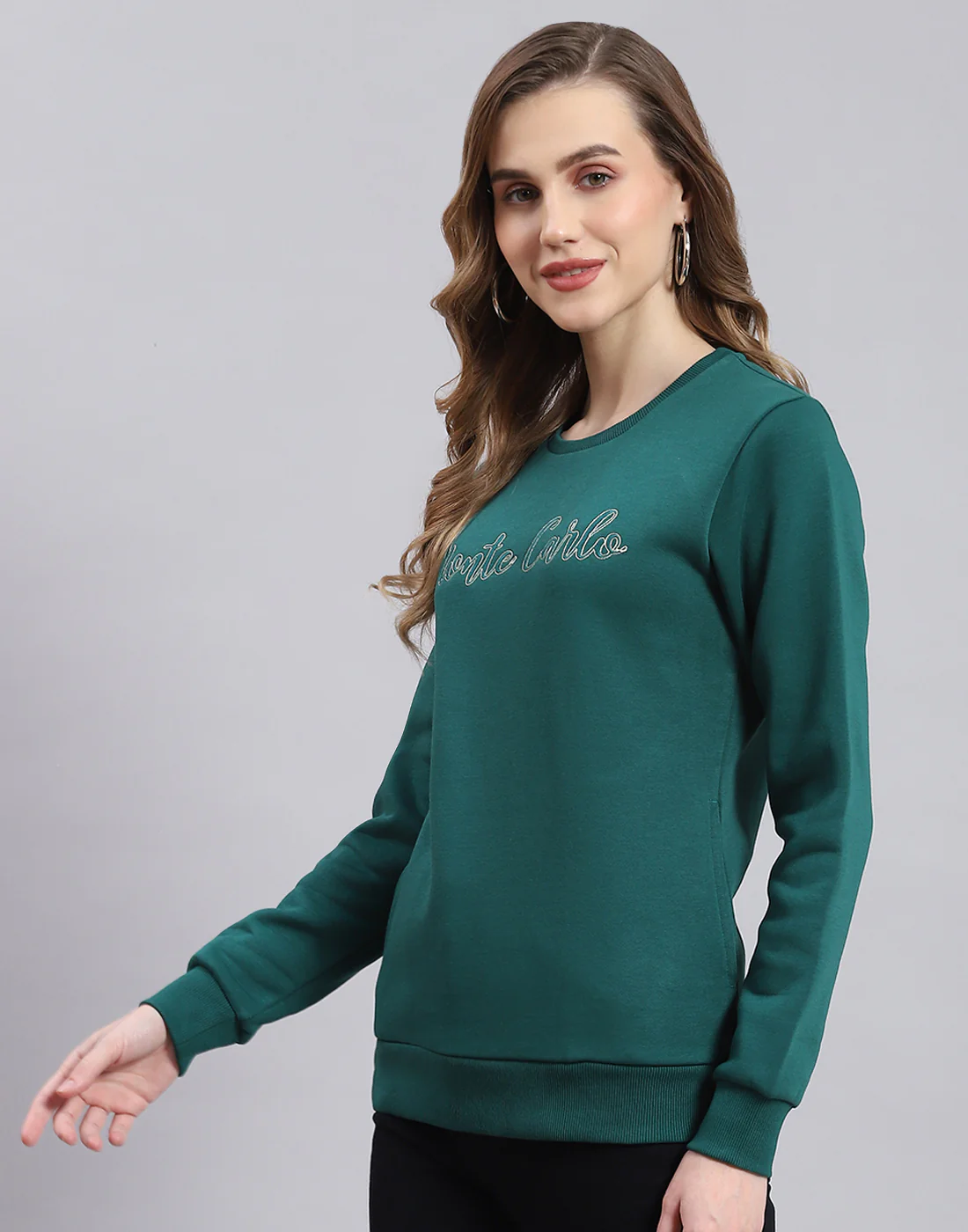 Women Teal Blue Embroidered Round Neck Full Sleeve Sweatshirt - Image 3