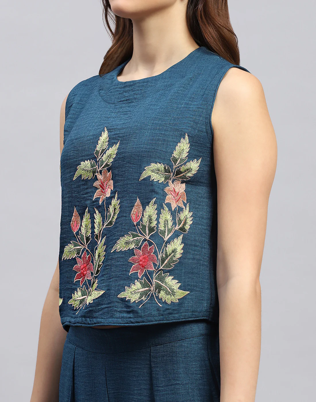 Women Teal Blue Floral Print Collar Neck Sleeveless Cords Set - Image 2