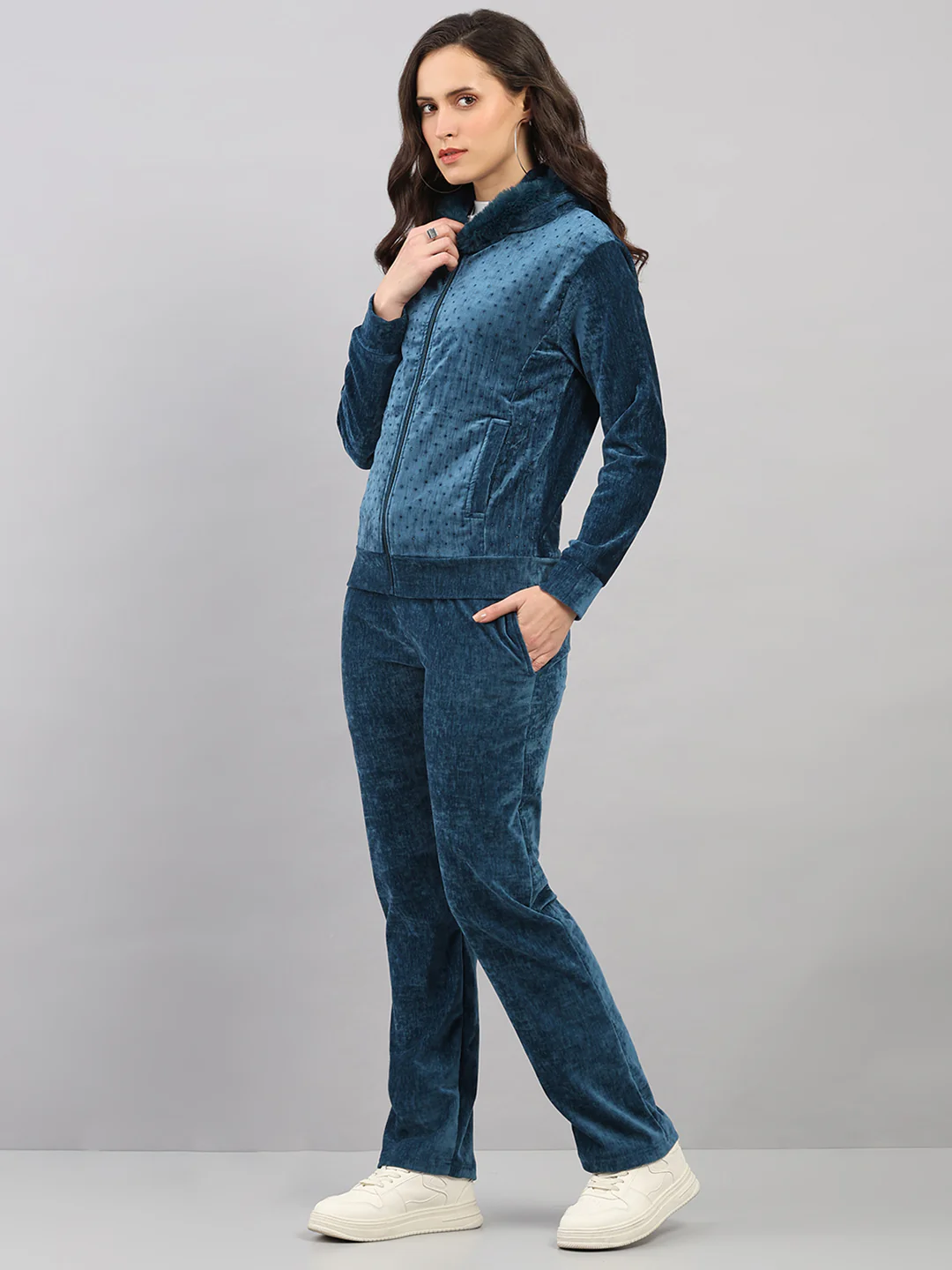 Women Teal Blue Polka Dots Hooded Full Sleeve Winter Tracksuit - Image 3