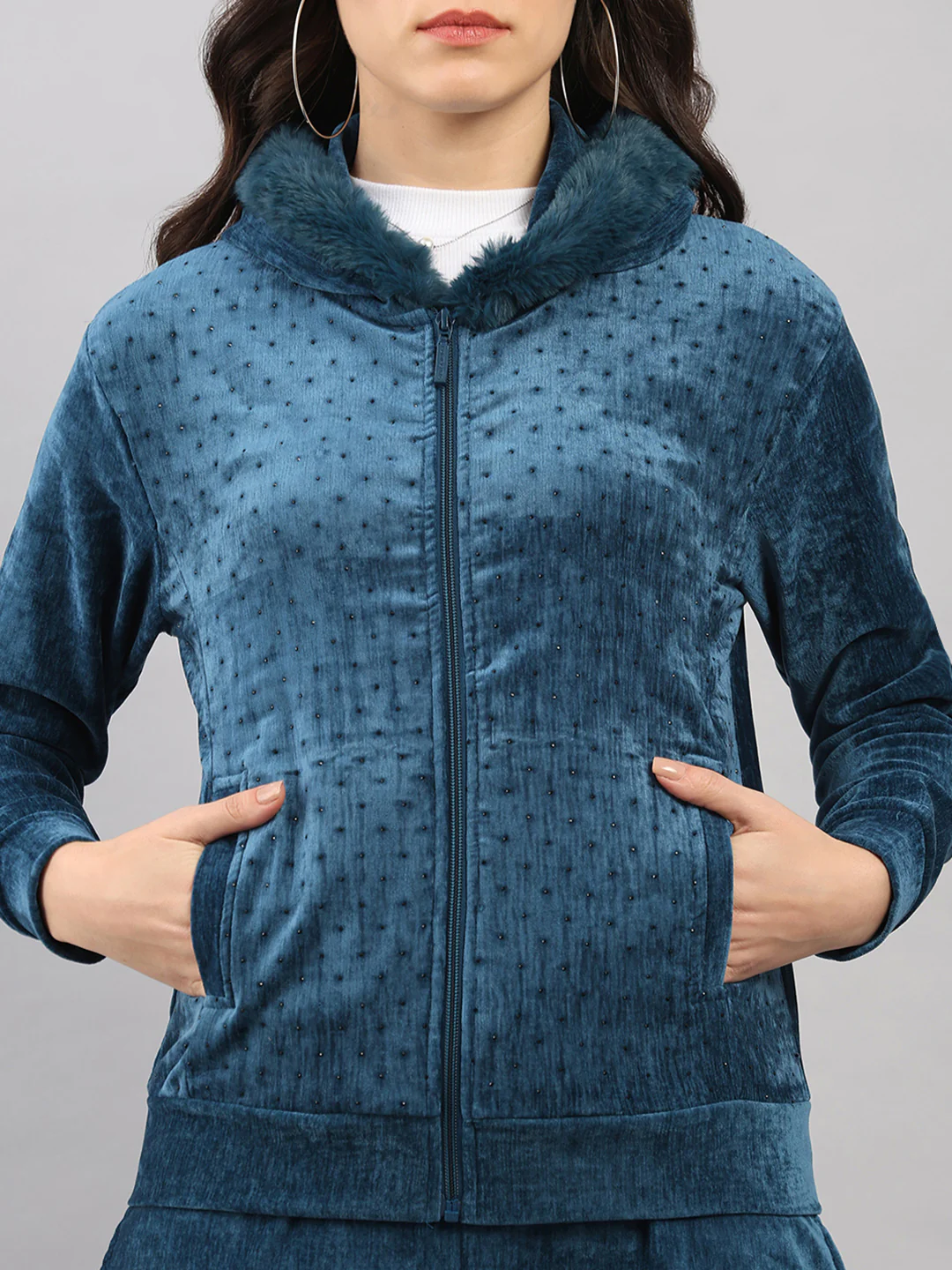 Women Teal Blue Polka Dots Hooded Full Sleeve Winter Tracksuit - Image 7
