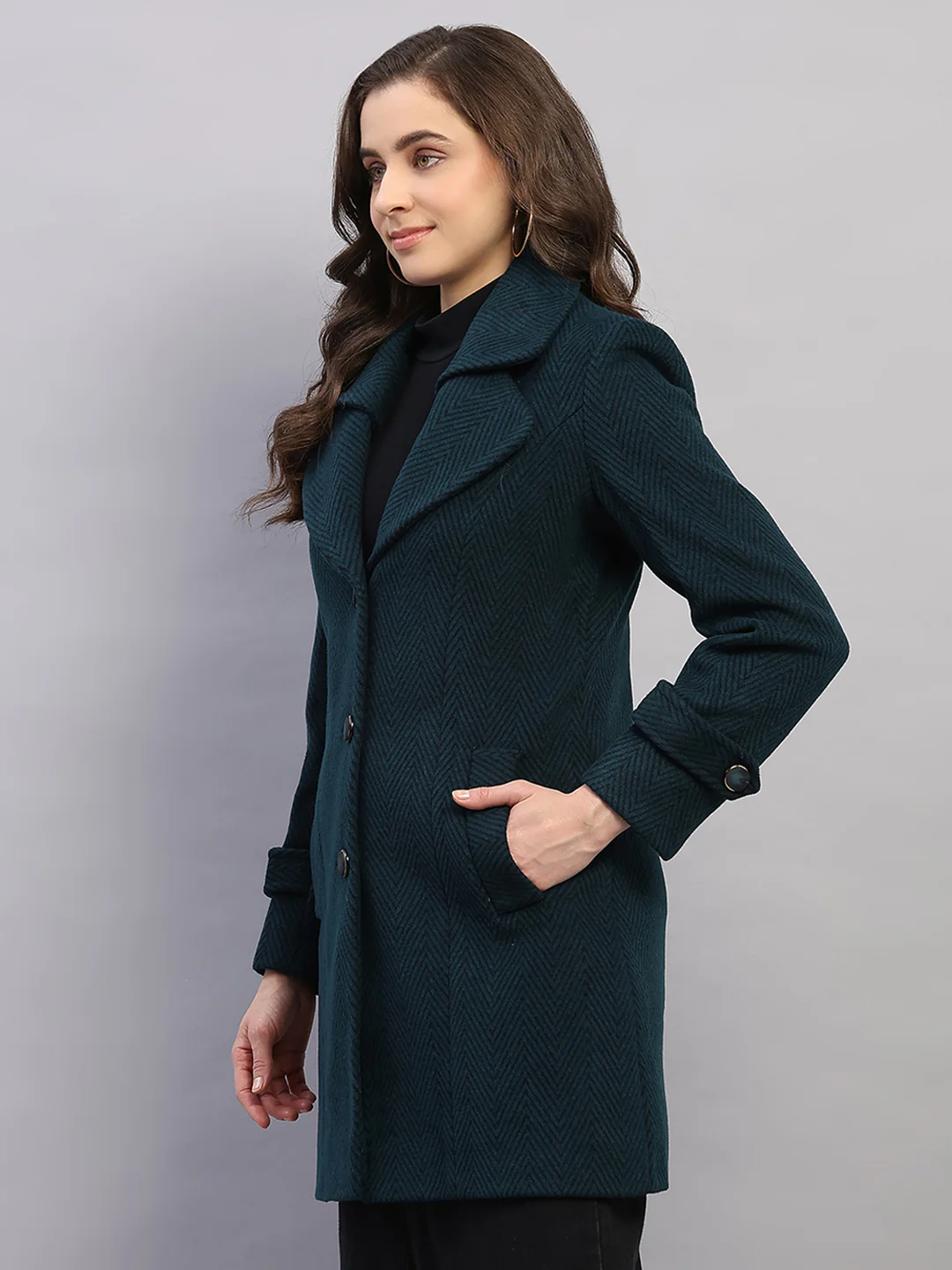 Women Teal Blue Printed Collar Full Sleeve Coat - Image 3