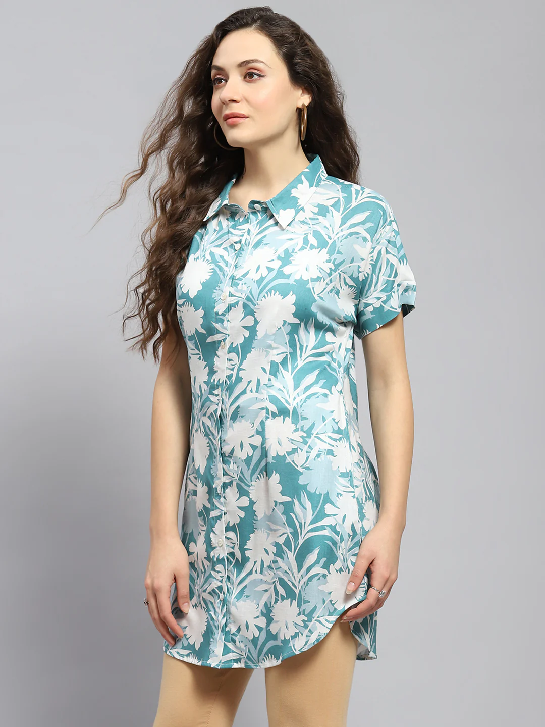 Women Teal Blue Printed Collar Half Sleeve Tunic - Image 4