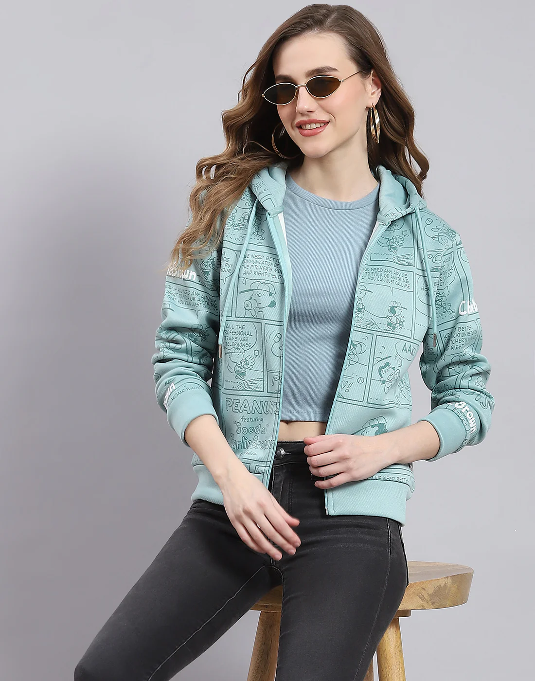 Women Teal Blue Printed Hooded Full Sleeve Sweatshirt - Image 6