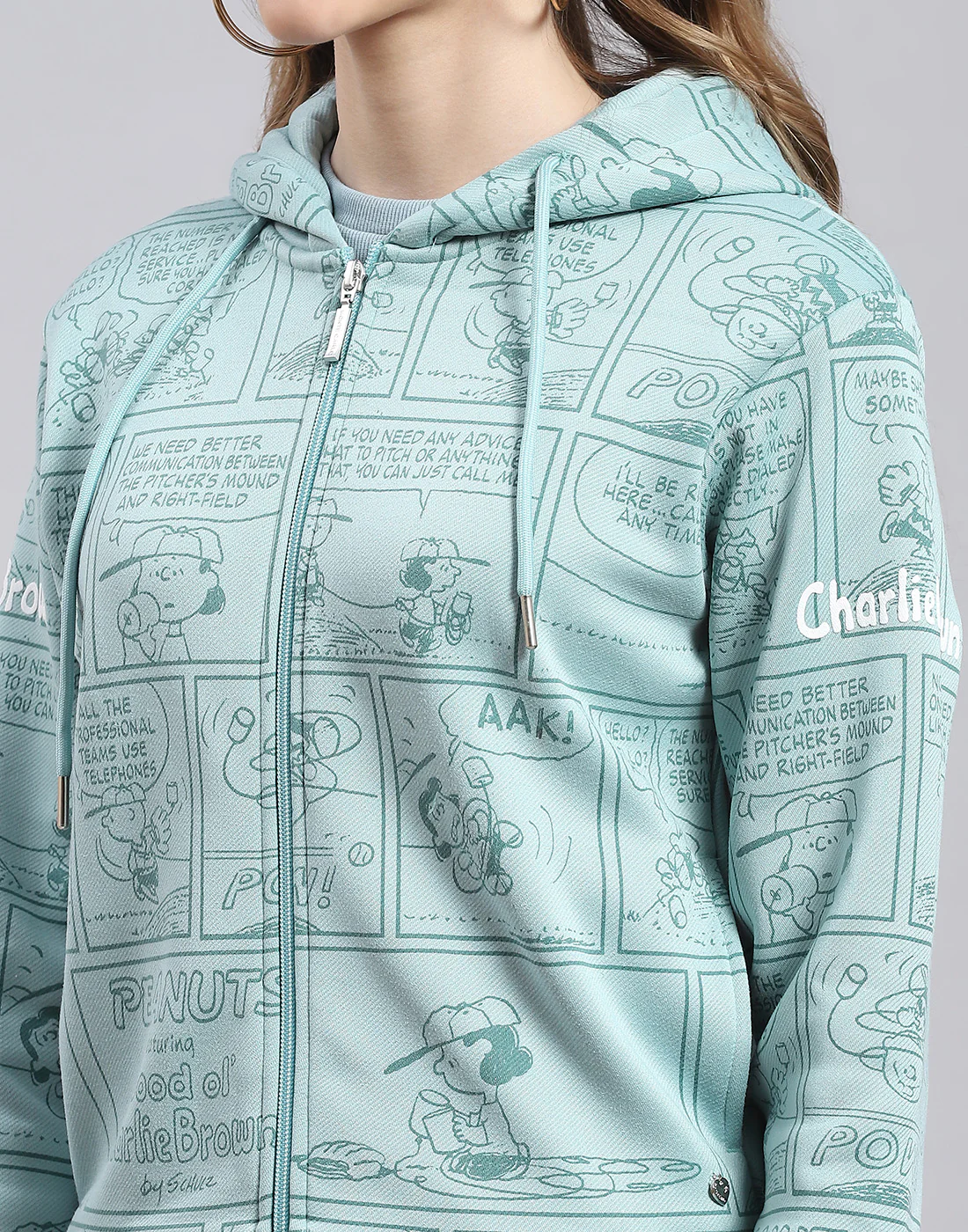 Women Teal Blue Printed Hooded Full Sleeve Sweatshirt - Image 7
