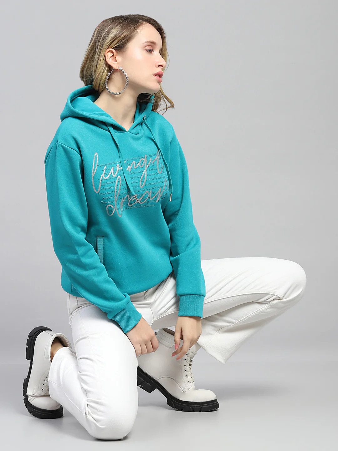 Women Teal Blue Printed Hooded Full Sleeve Sweatshirt - Image 2