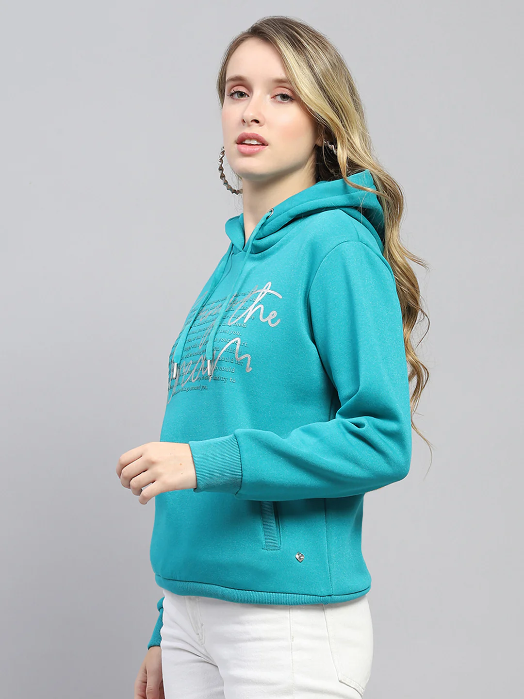 Women Teal Blue Printed Hooded Full Sleeve Sweatshirt - Image 3
