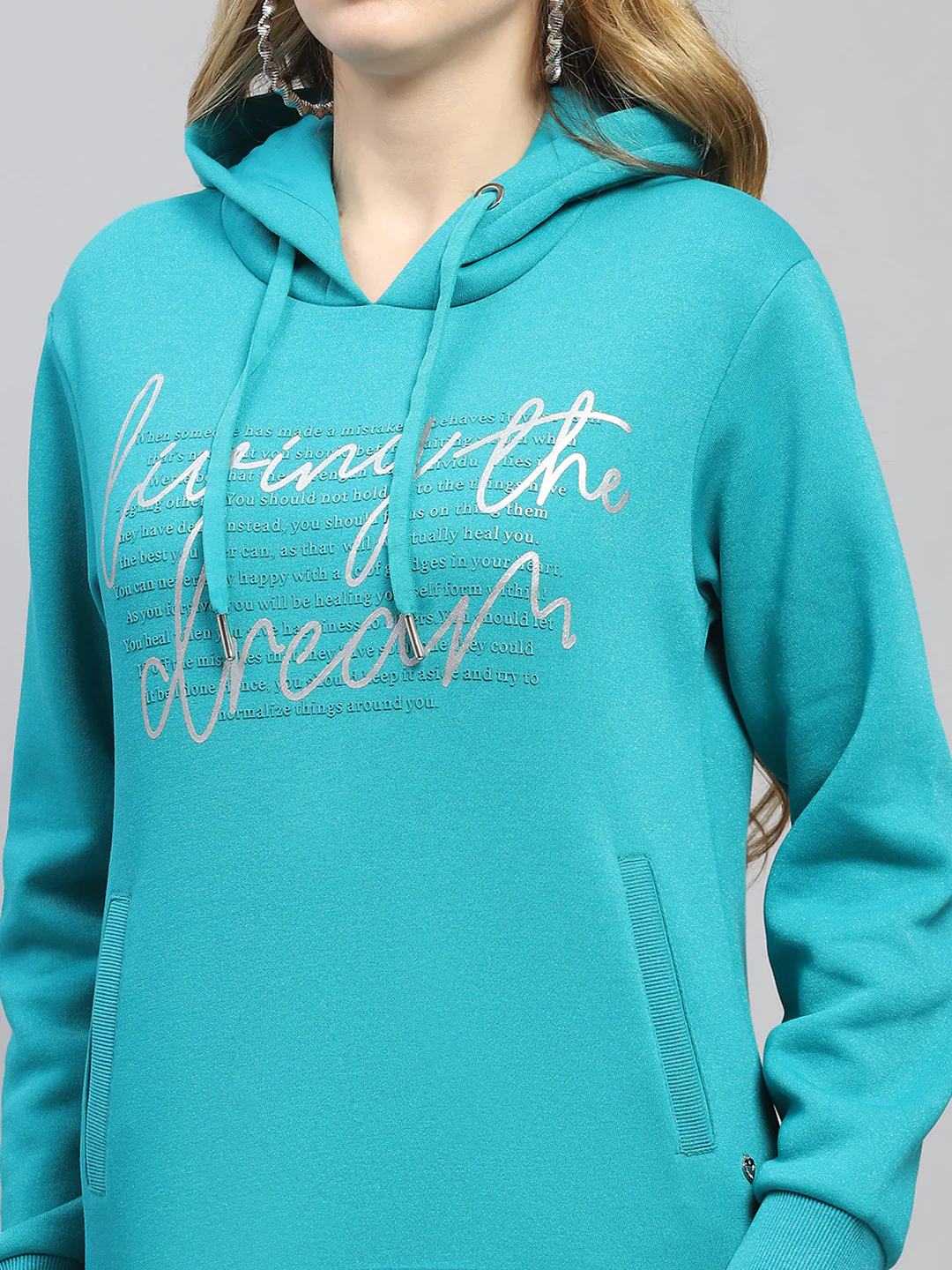 Women Teal Blue Printed Hooded Full Sleeve Sweatshirt - Image 6
