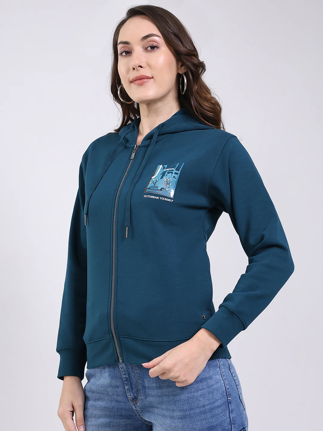 Women Teal Blue Printed Hooded Full Sleeve Sweatshirt - Image 3