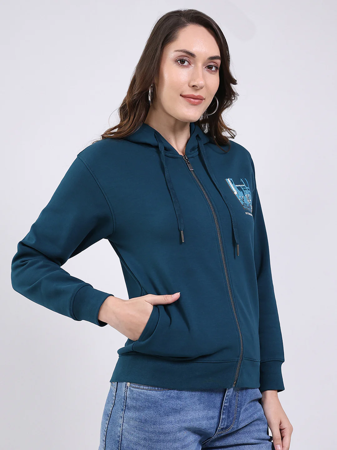 Women Teal Blue Printed Hooded Full Sleeve Sweatshirt - Image 4