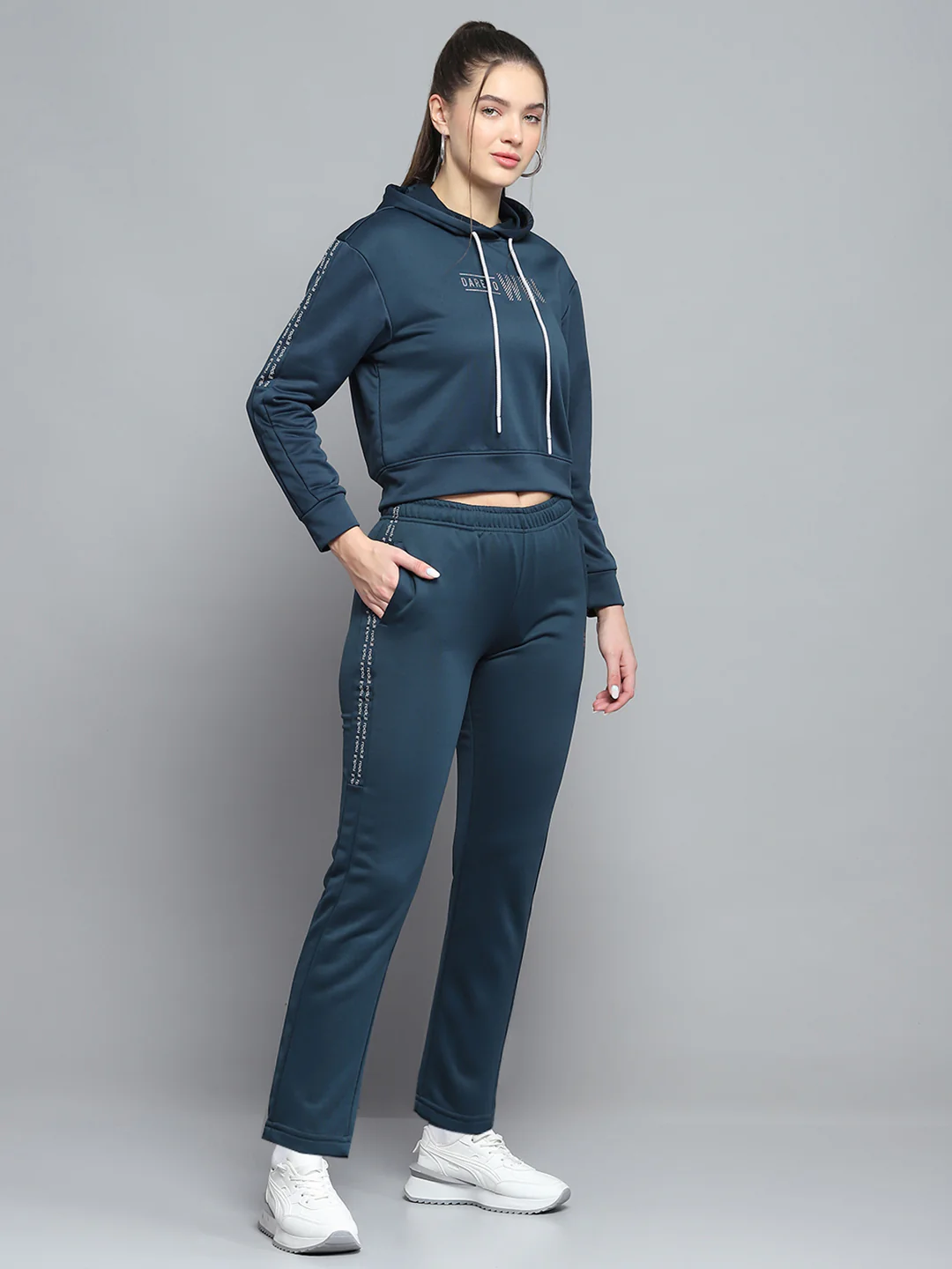 Rock.it Women Teal Blue Printed Hooded Full Sleeve Tracksuit - Image 4