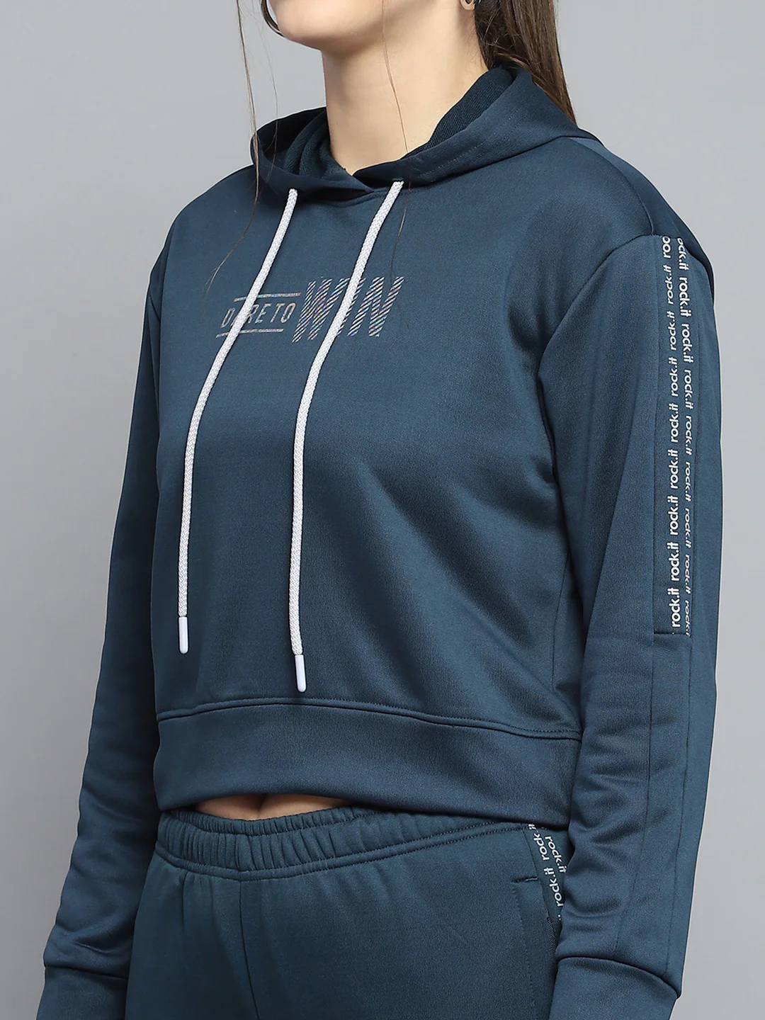Rock.it Women Teal Blue Printed Hooded Full Sleeve Tracksuit - Image 7