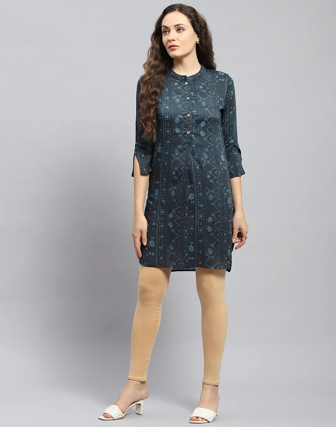 Women Teal Blue Printed Mandarin Collar 3/4 Sleeve Tunic - Image 3