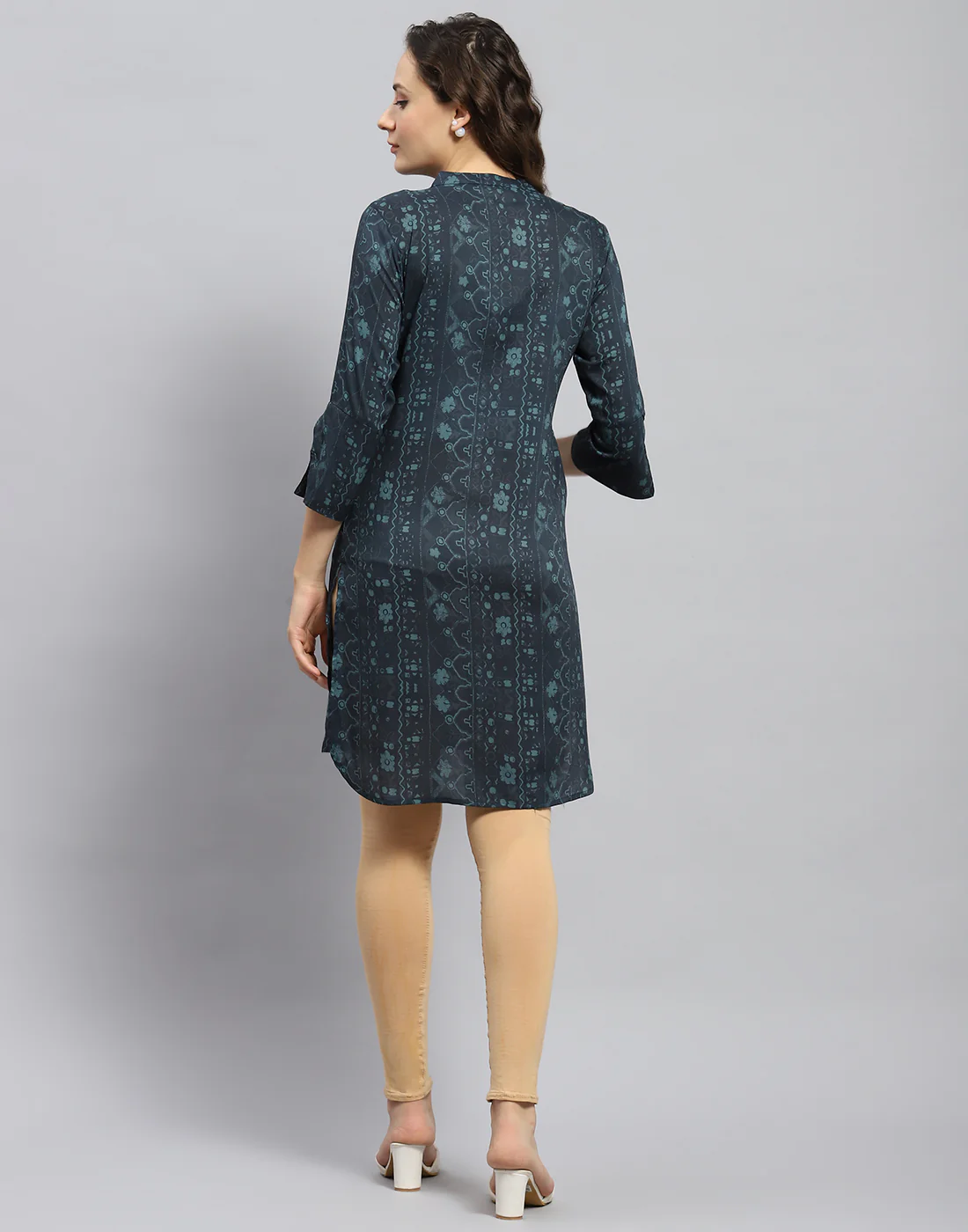 Women Teal Blue Printed Mandarin Collar 3/4 Sleeve Tunic - Image 6